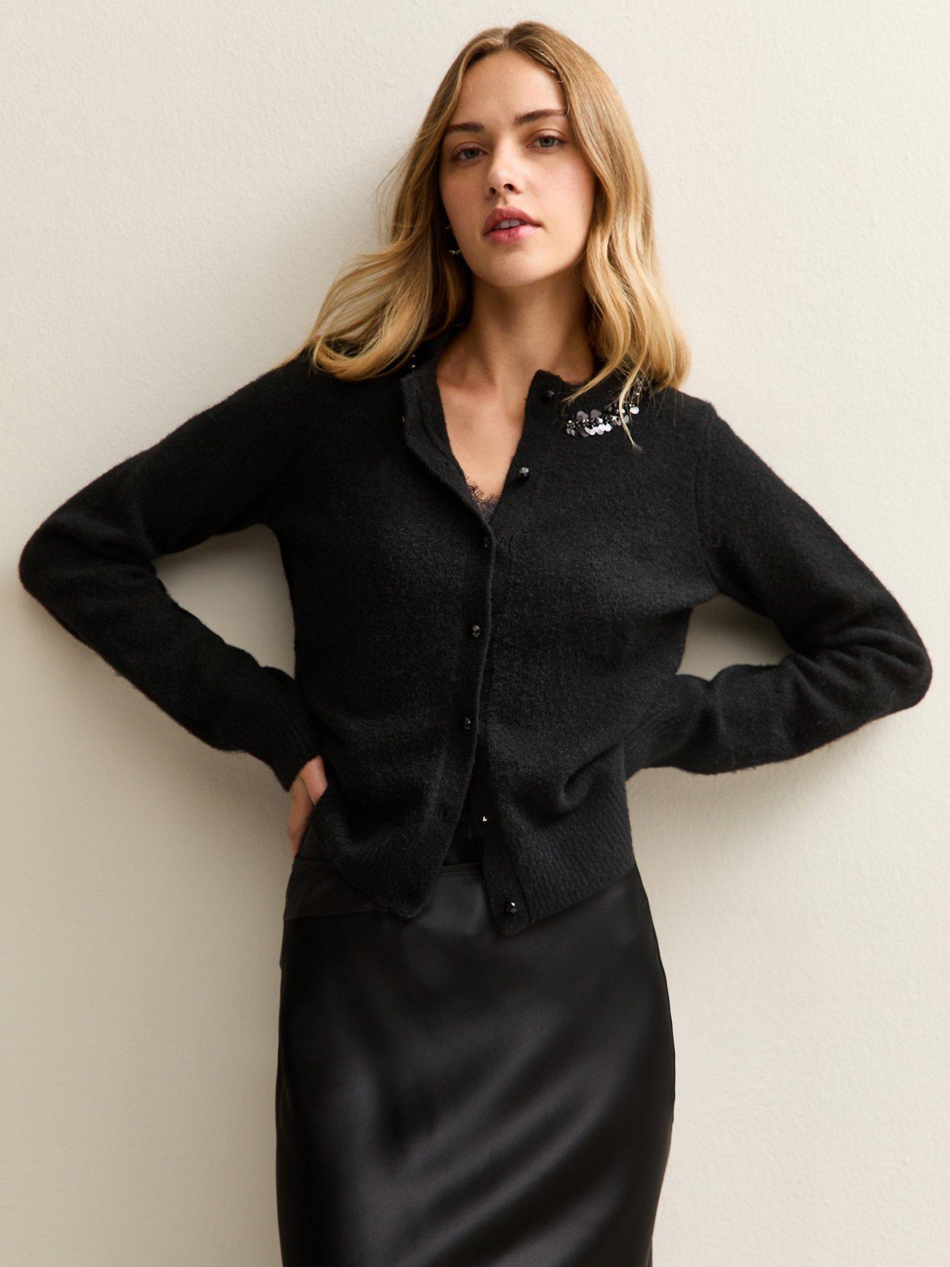 Image 1 of 5 of New Look Black Sequin Neck Trim Cardigan