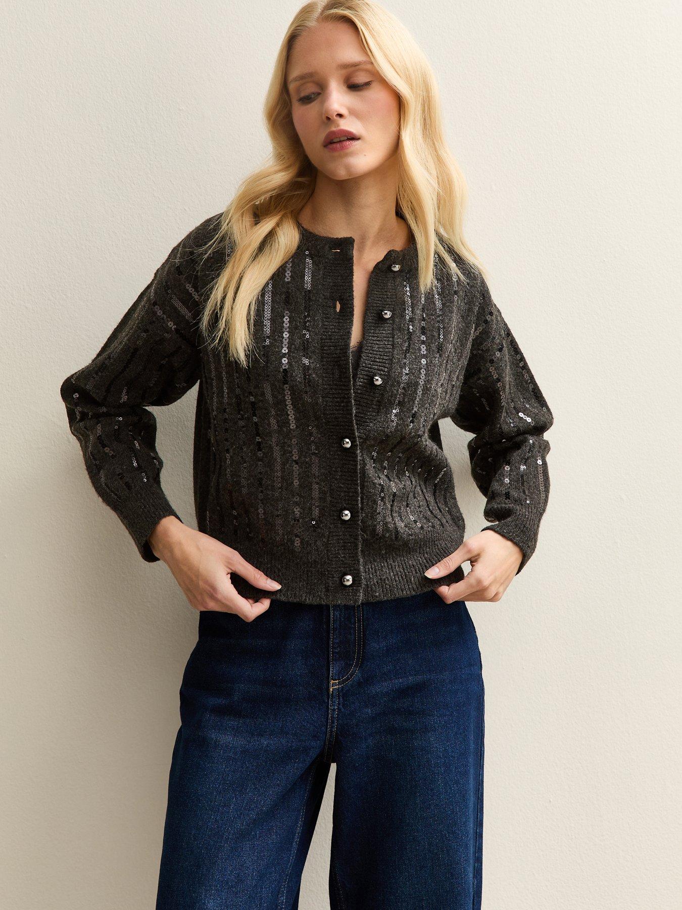 New Look Sequin Embellished Cardigan - Dark Grey