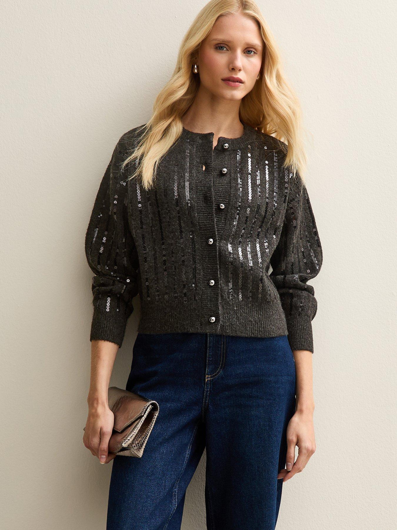  image of new-look-sequin-embellished-cardigan-dark-grey