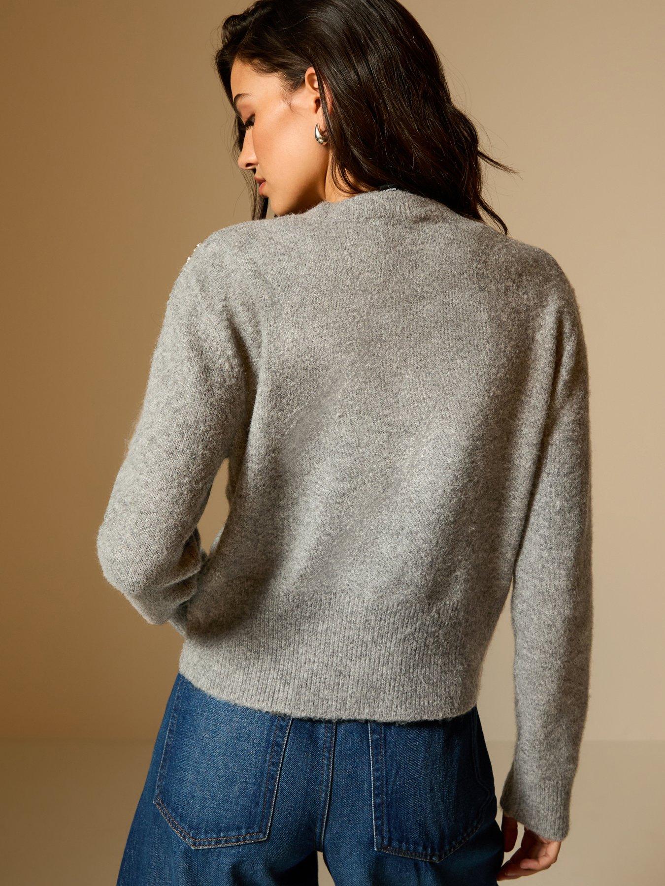 Image 2 of 6 of New Look Grey Diamante Floral Embellished Crew Neck Cardigan