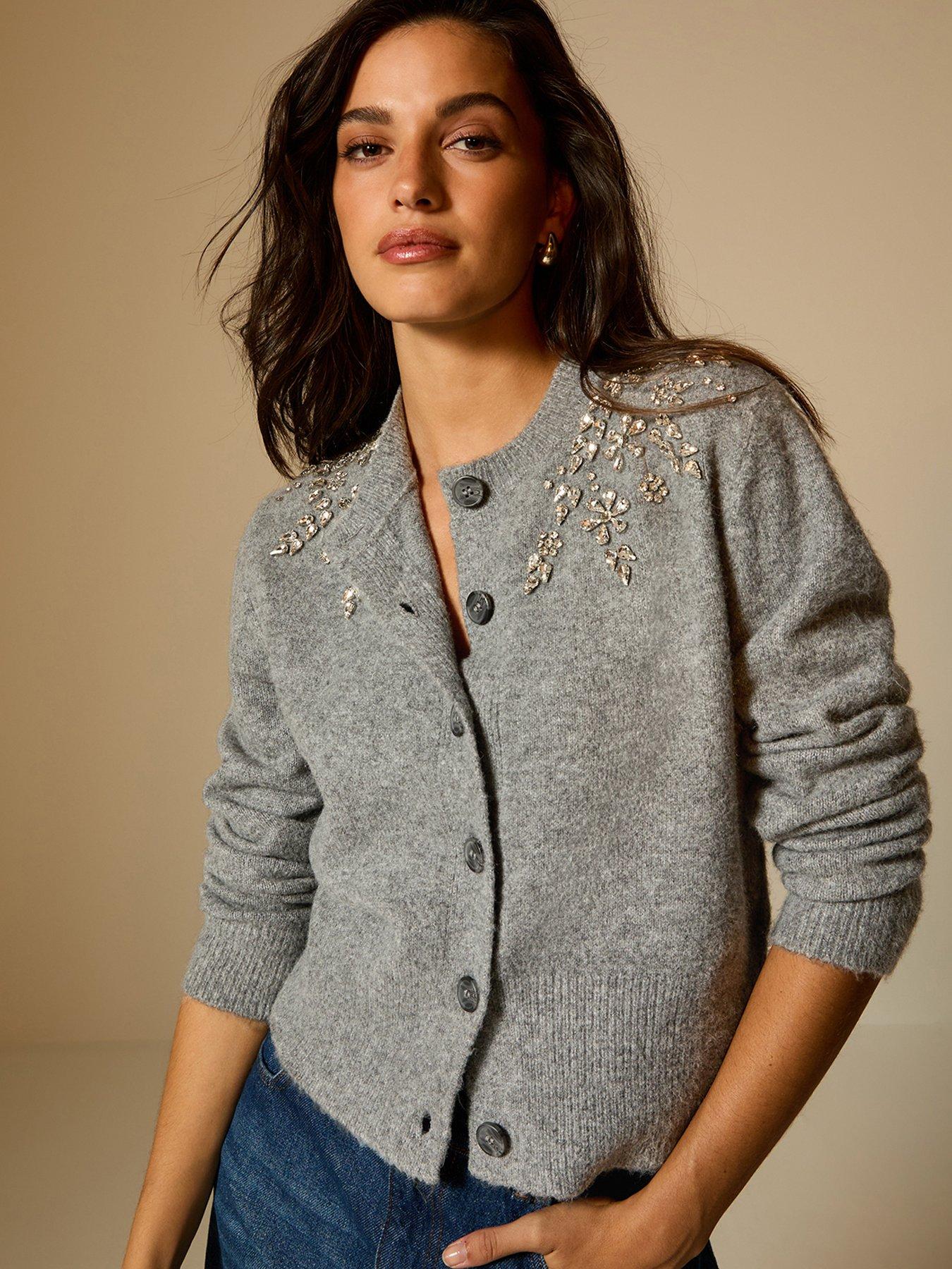 Image 4 of 6 of New Look Grey Diamante Floral Embellished Crew Neck Cardigan