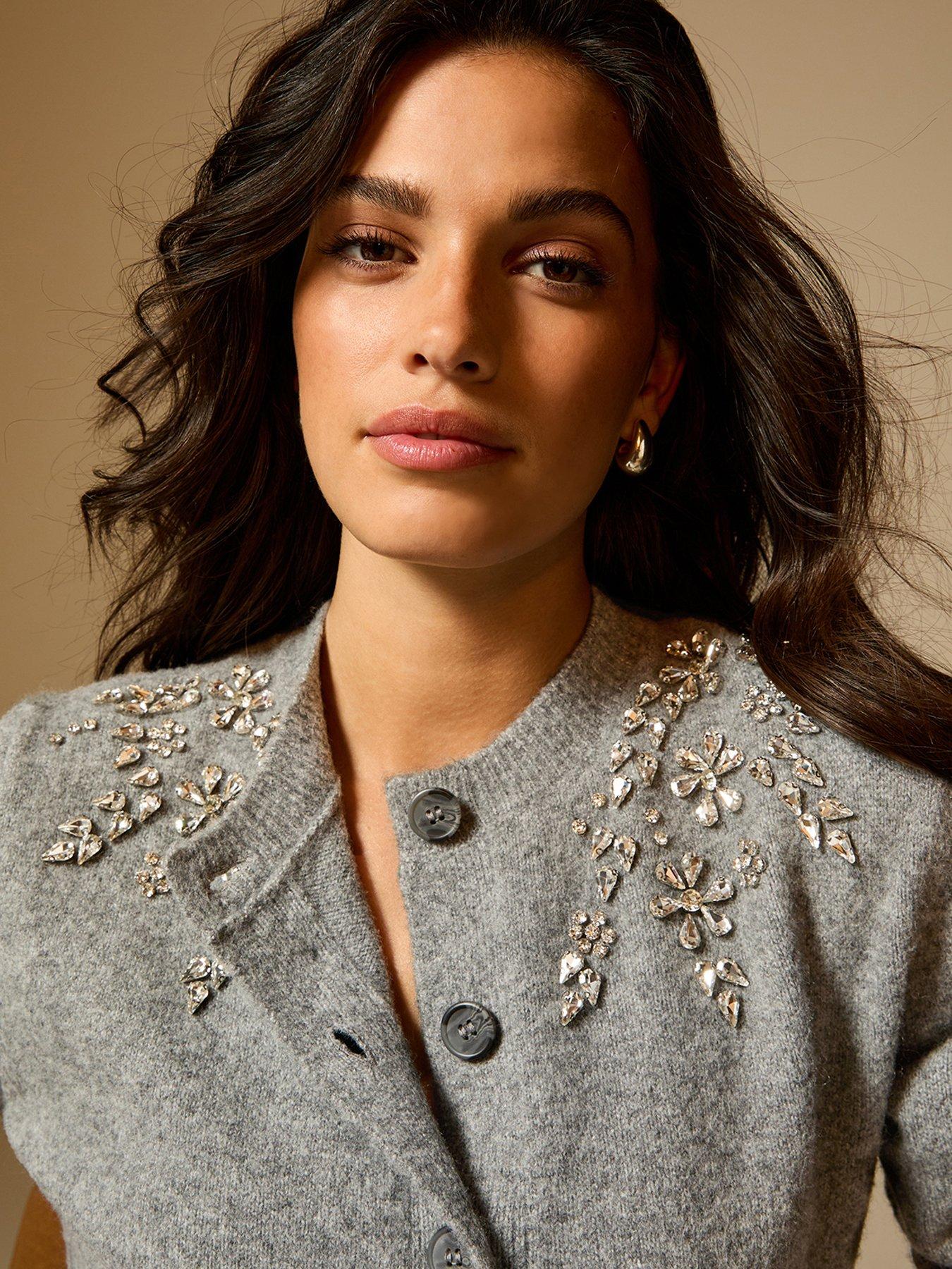 Image 5 of 6 of New Look Grey Diamante Floral Embellished Crew Neck Cardigan