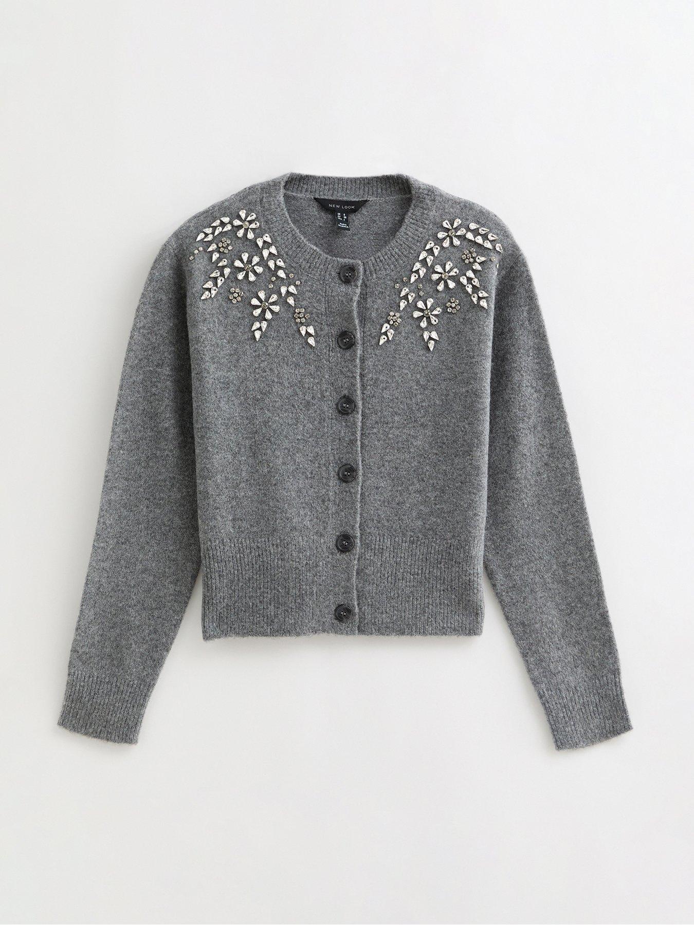 Image 6 of 6 of New Look Grey Diamante Floral Embellished Crew Neck Cardigan
