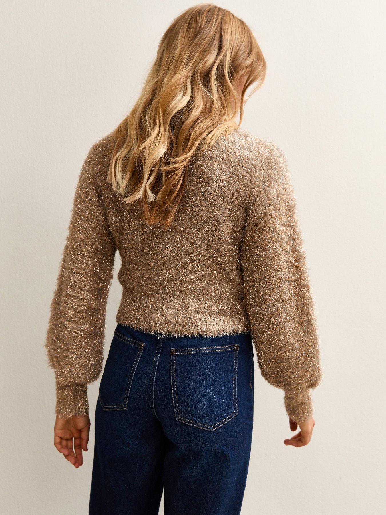 Image 2 of 6 of New Look Sparkle Knit V-neck Cardigan - Gold