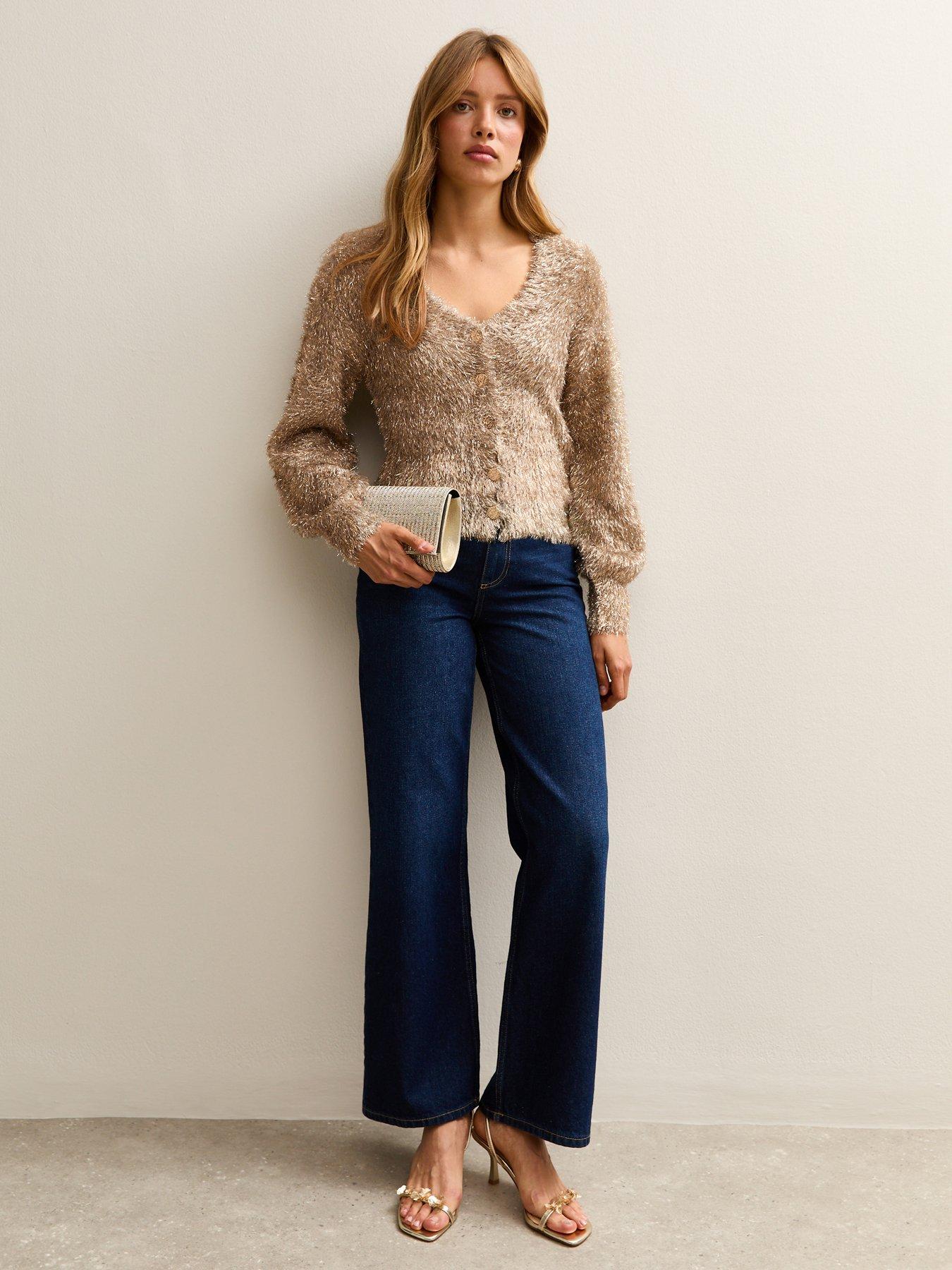  image of new-look-sparkle-knit-v-neck-cardigan-gold
