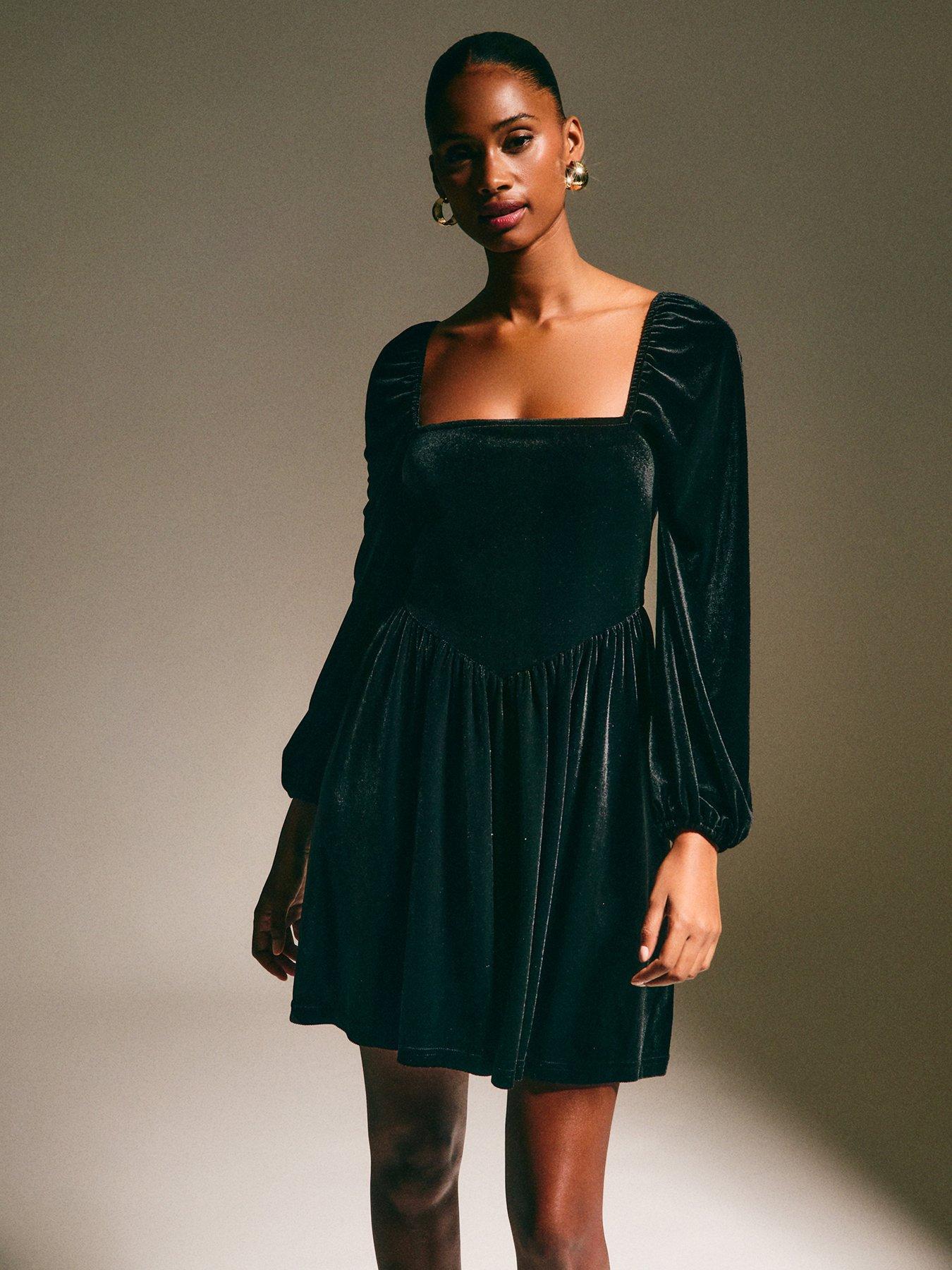 Image 1 of 5 of New Look Velvet Square Neck Mini Dress - Black