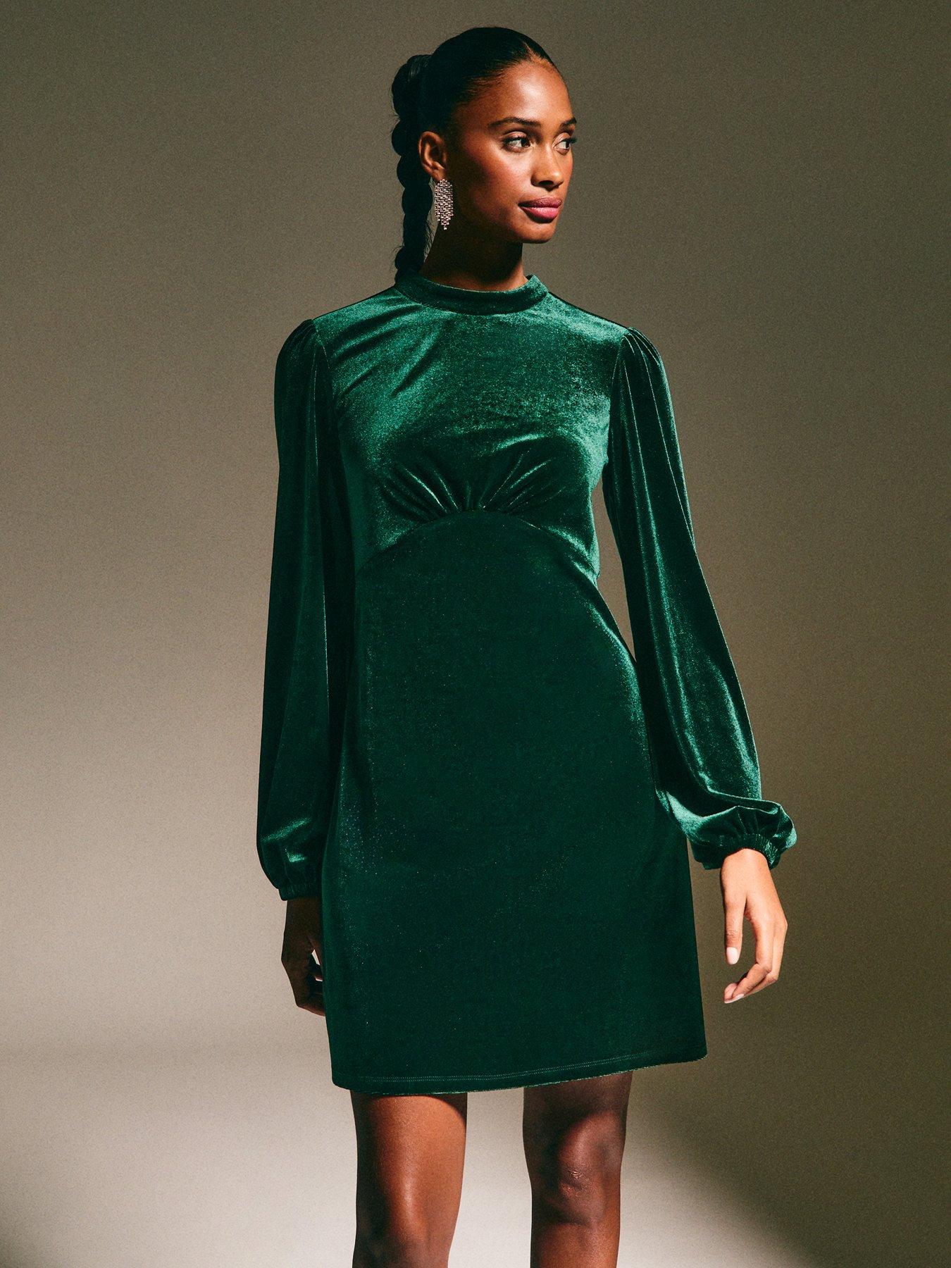  image of new-look-velvet-high-neck-long-sleeve-mini-dress-dark-green