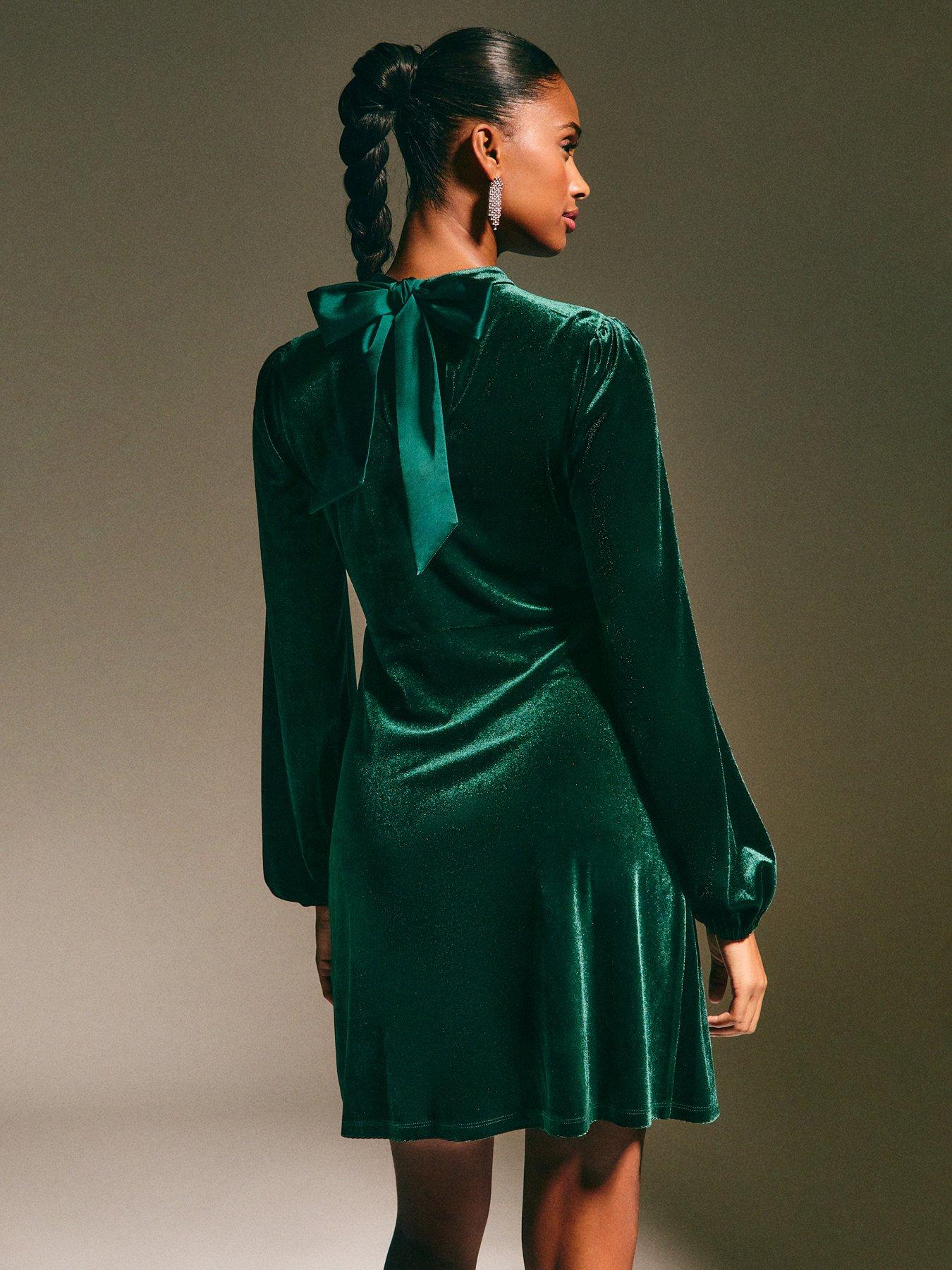  image of new-look-velvet-high-neck-long-sleeve-mini-dress-dark-green