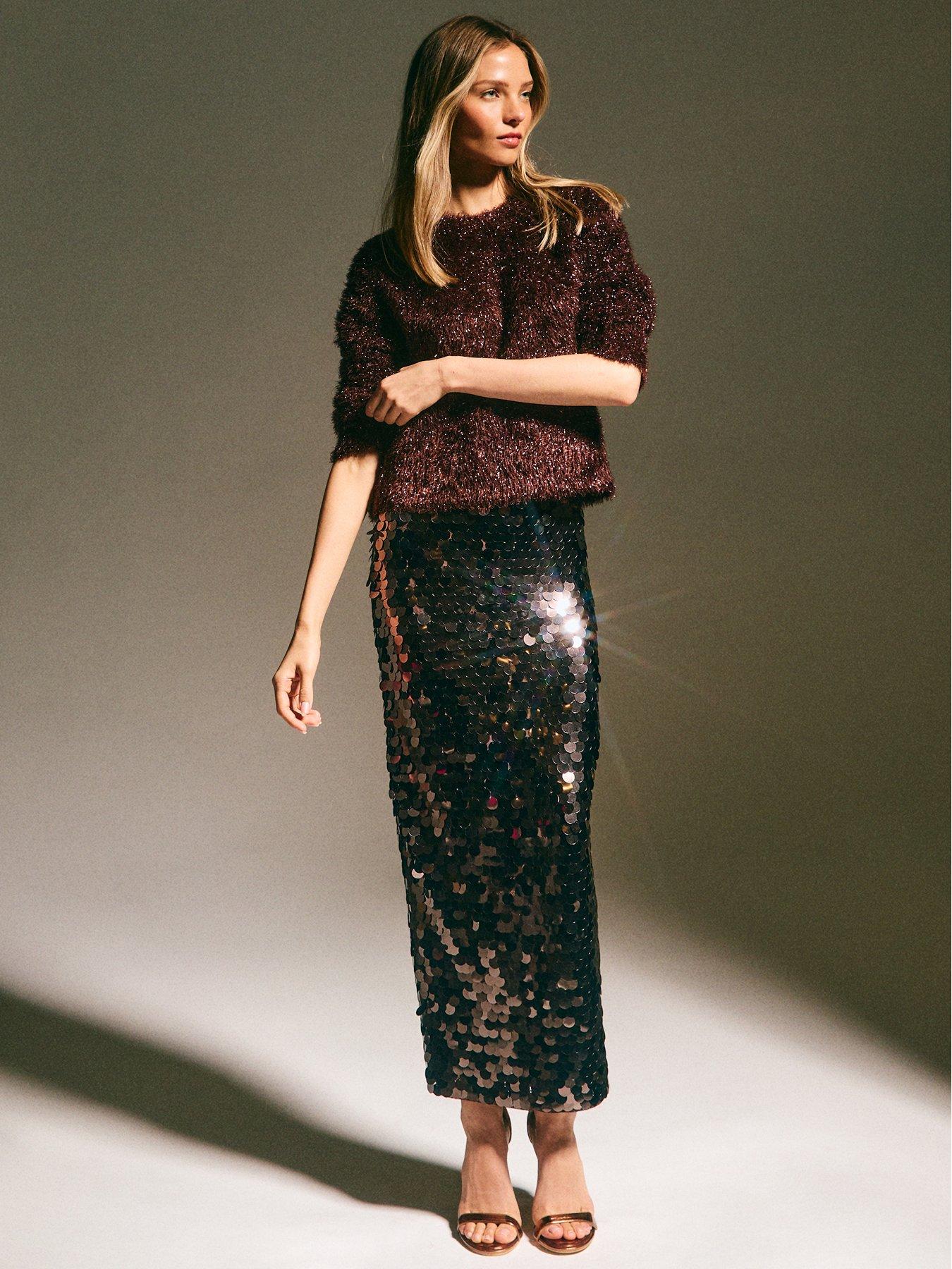  image of new-look-sequin-midi-skirt-dark-brown