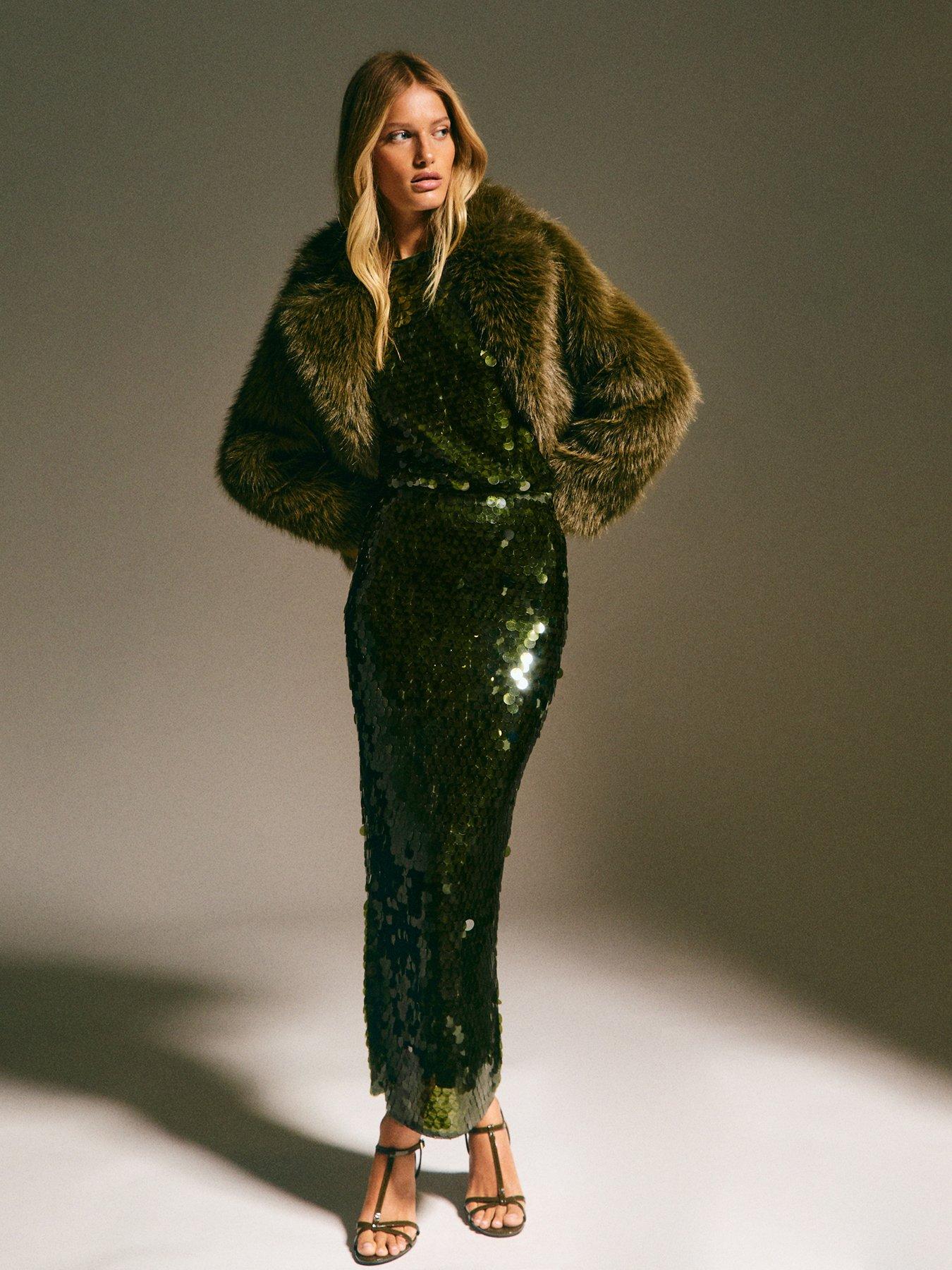  image of new-look-khaki-sequin-midi-skirt