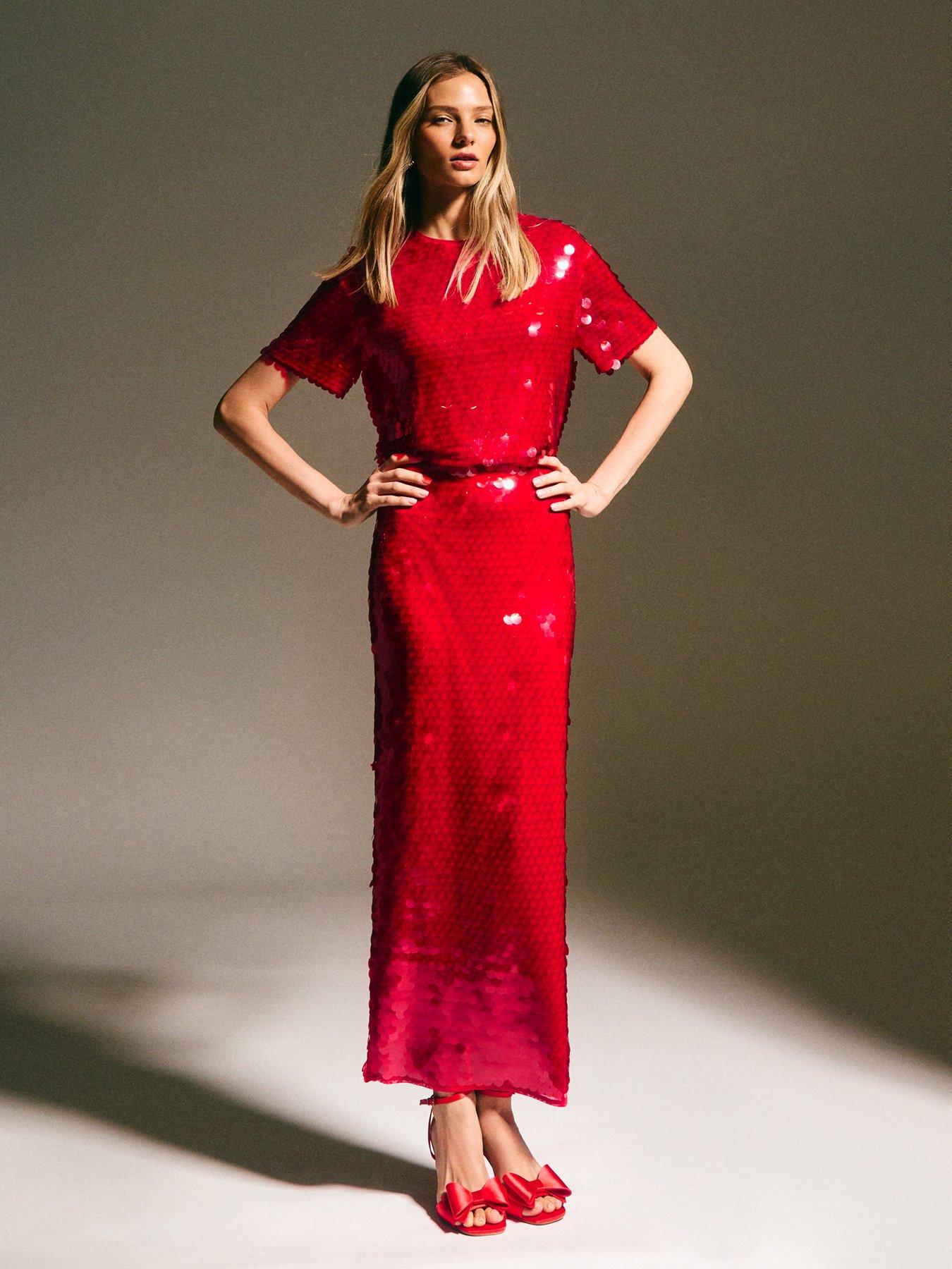 New Look Red Sequin Midi Skirt