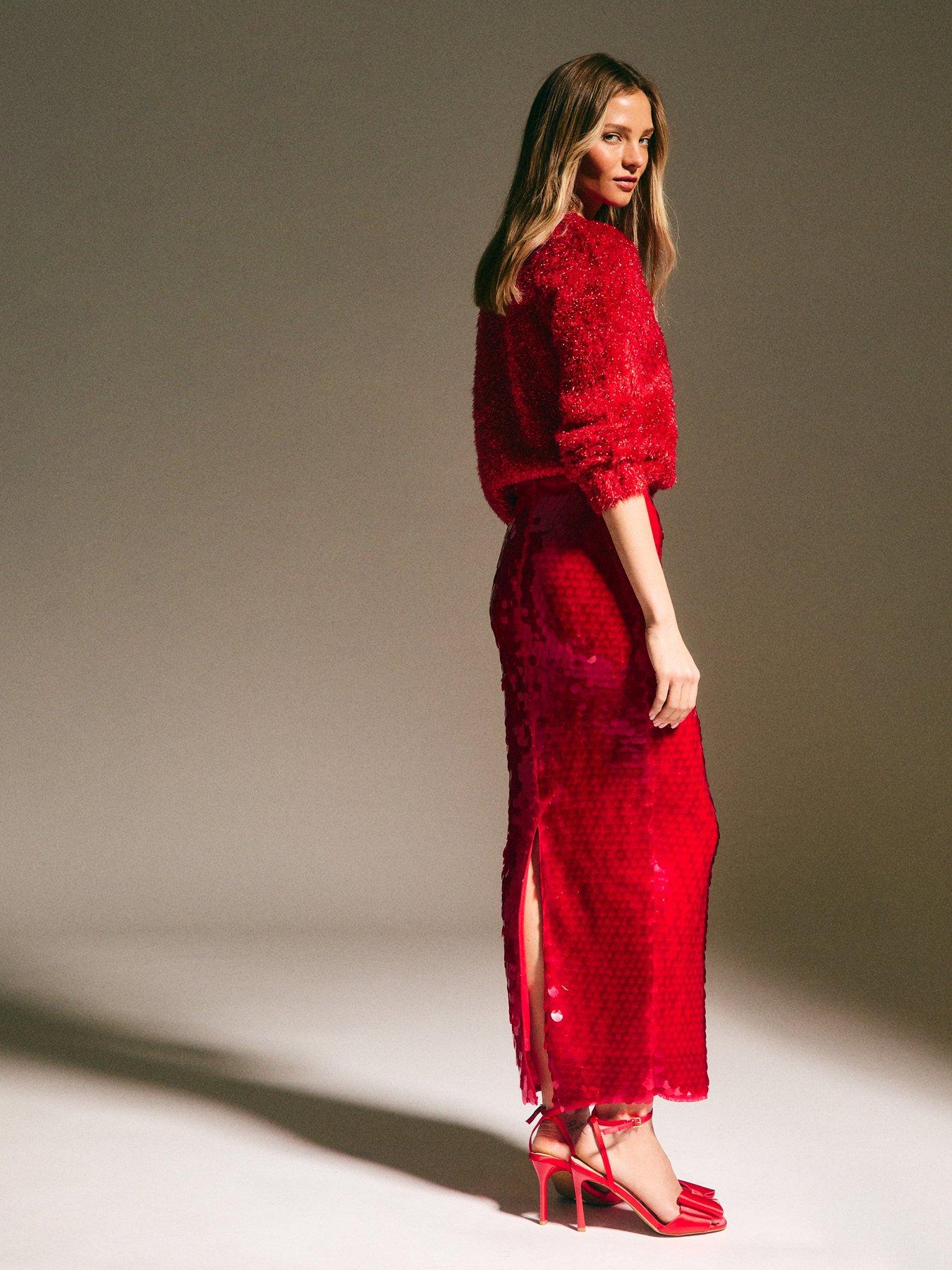  image of new-look-red-sequin-midi-skirt