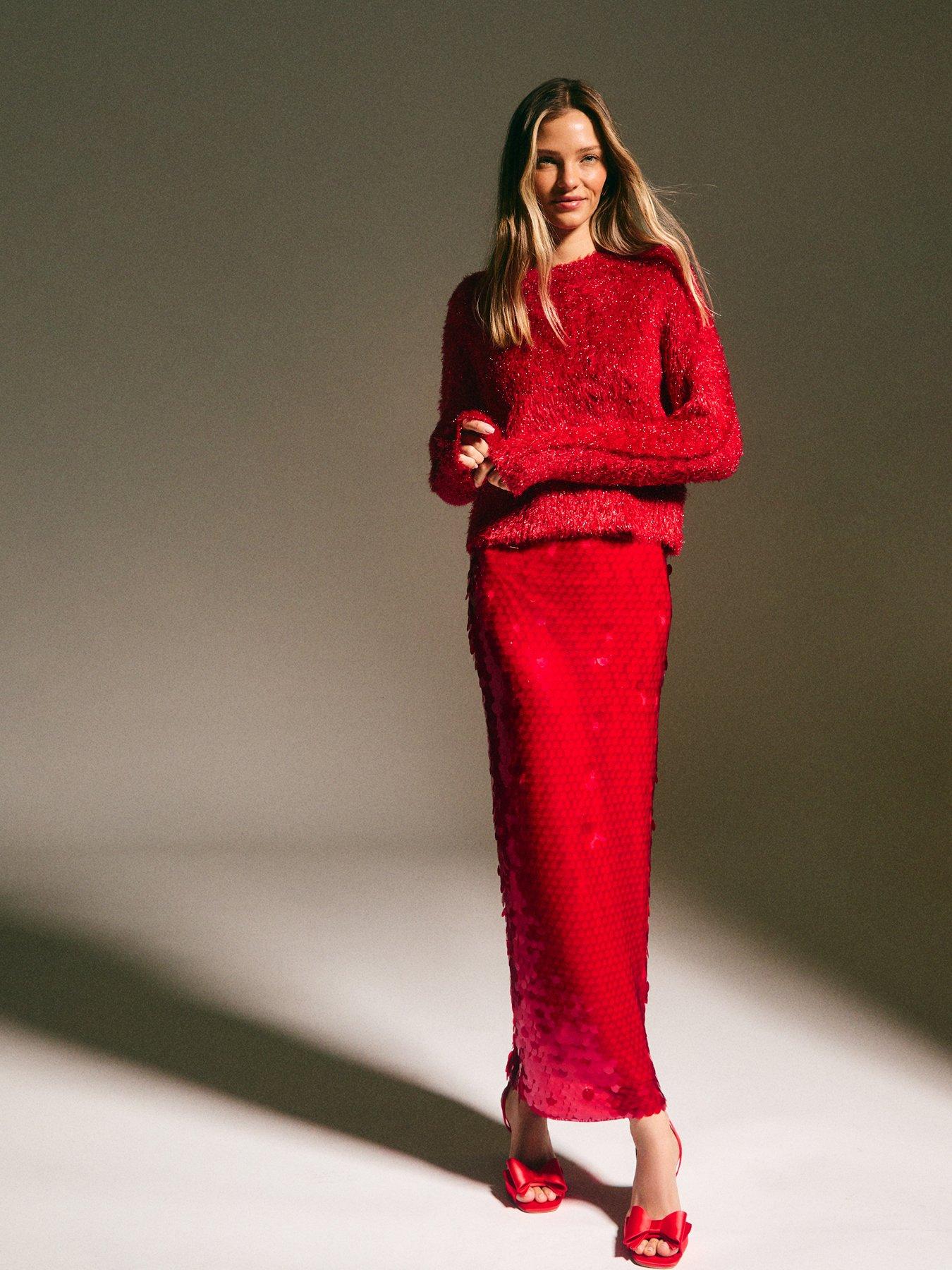  image of new-look-red-sequin-midi-skirt