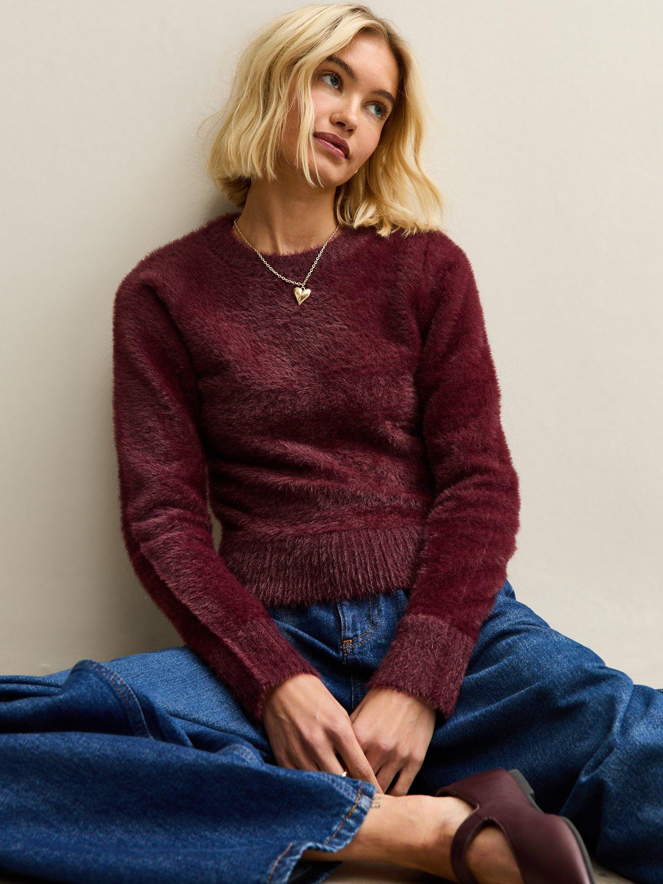 Image 1 of 5 of New Look Burgundy Fluffy Knit Crew Neck Jumper
