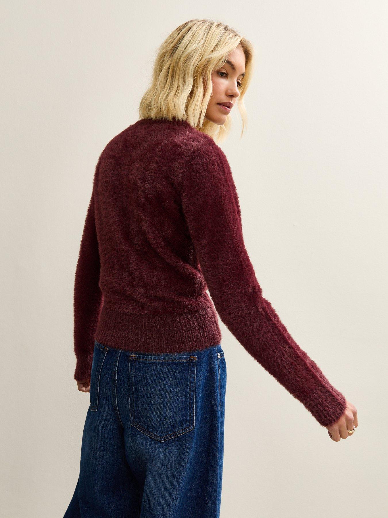 Image 2 of 5 of New Look Burgundy Fluffy Knit Crew Neck Jumper