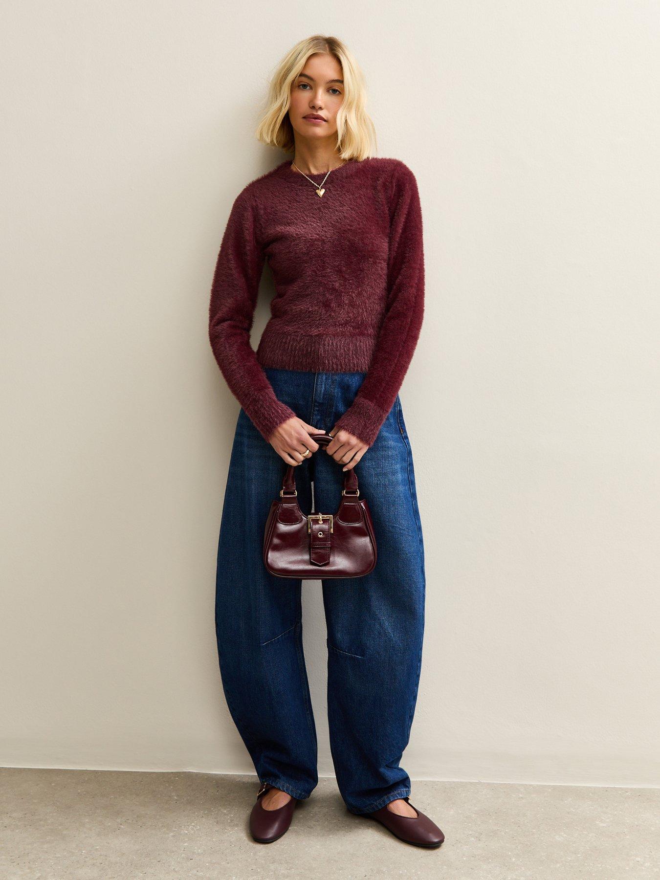 Image 3 of 5 of New Look Burgundy Fluffy Knit Crew Neck Jumper