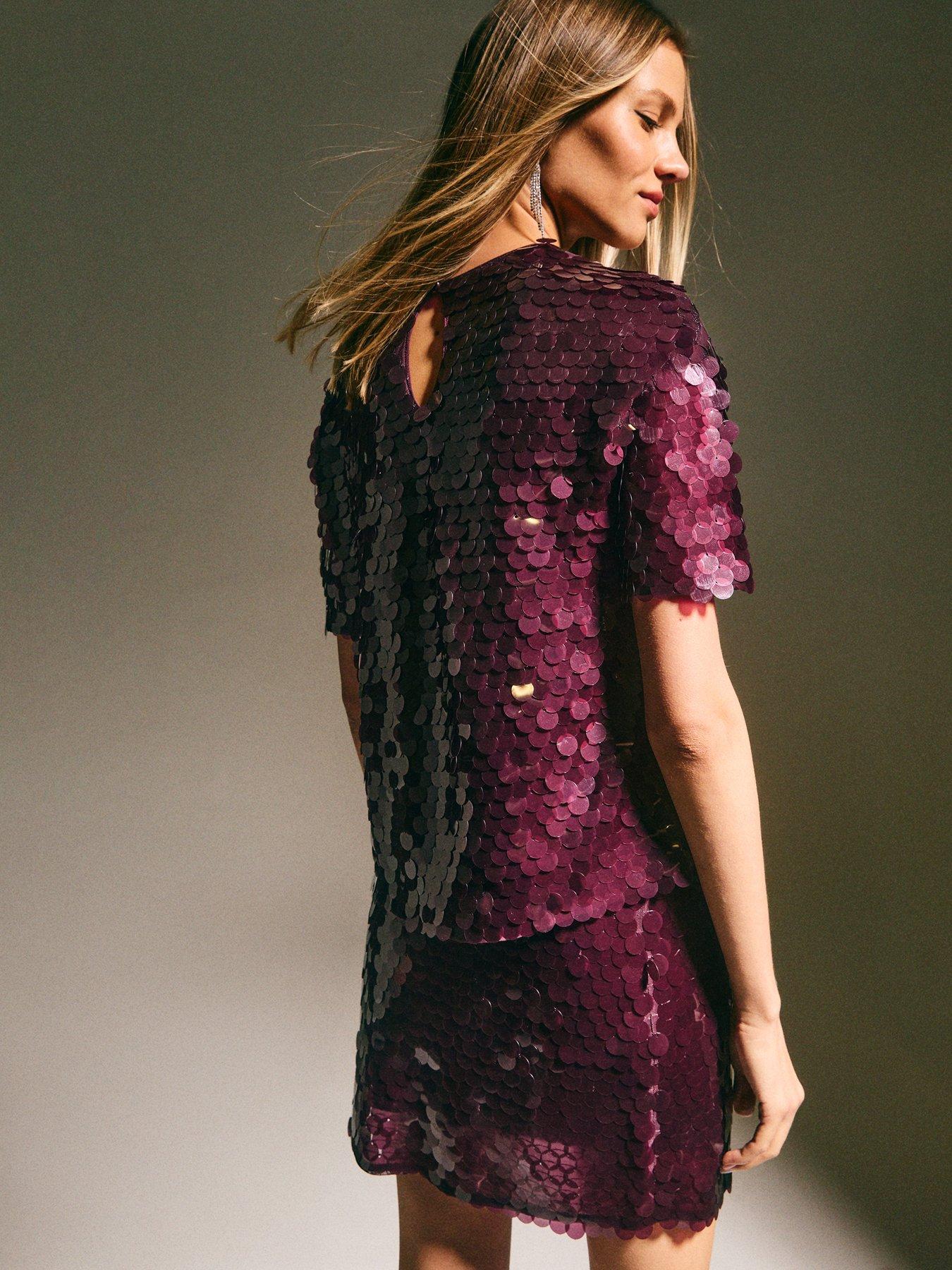 Image 2 of 6 of New Look Dark Burgundy Sequinned Short Sleeve Top