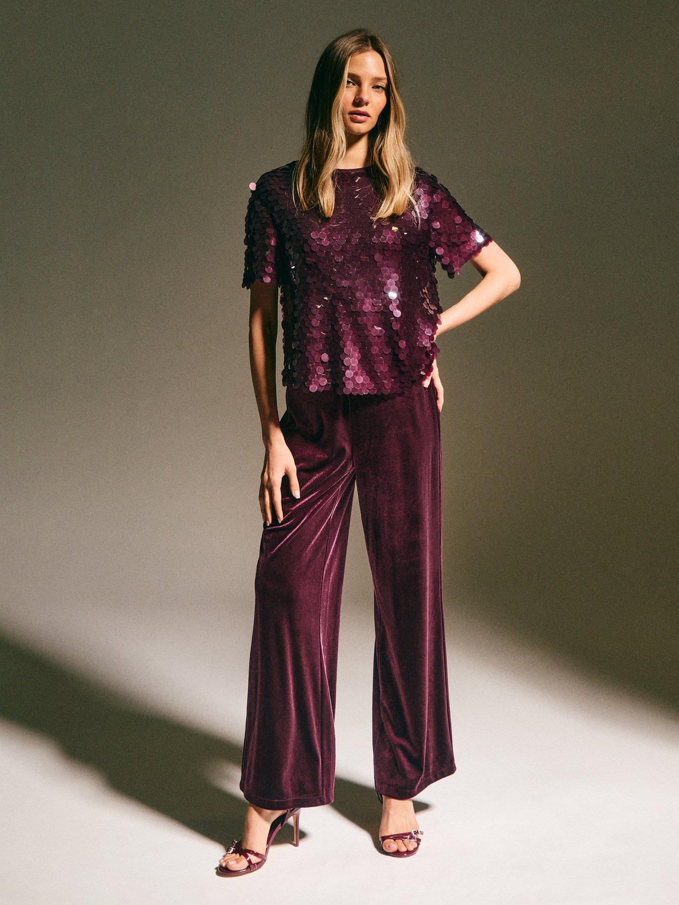 Image 4 of 6 of New Look Dark Burgundy Sequinned Short Sleeve Top