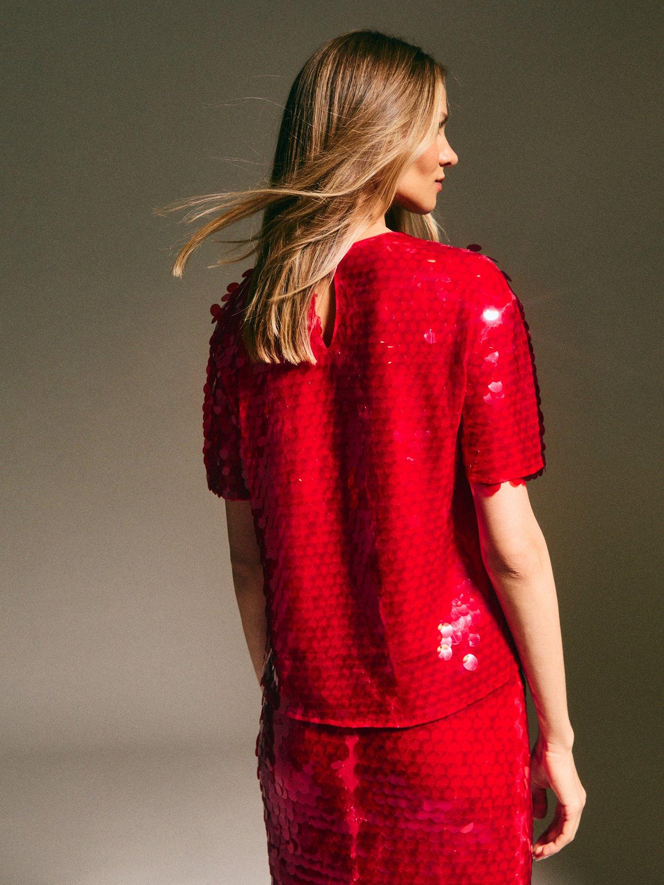  image of new-look-bright-red-sequinned-short-sleeve-top