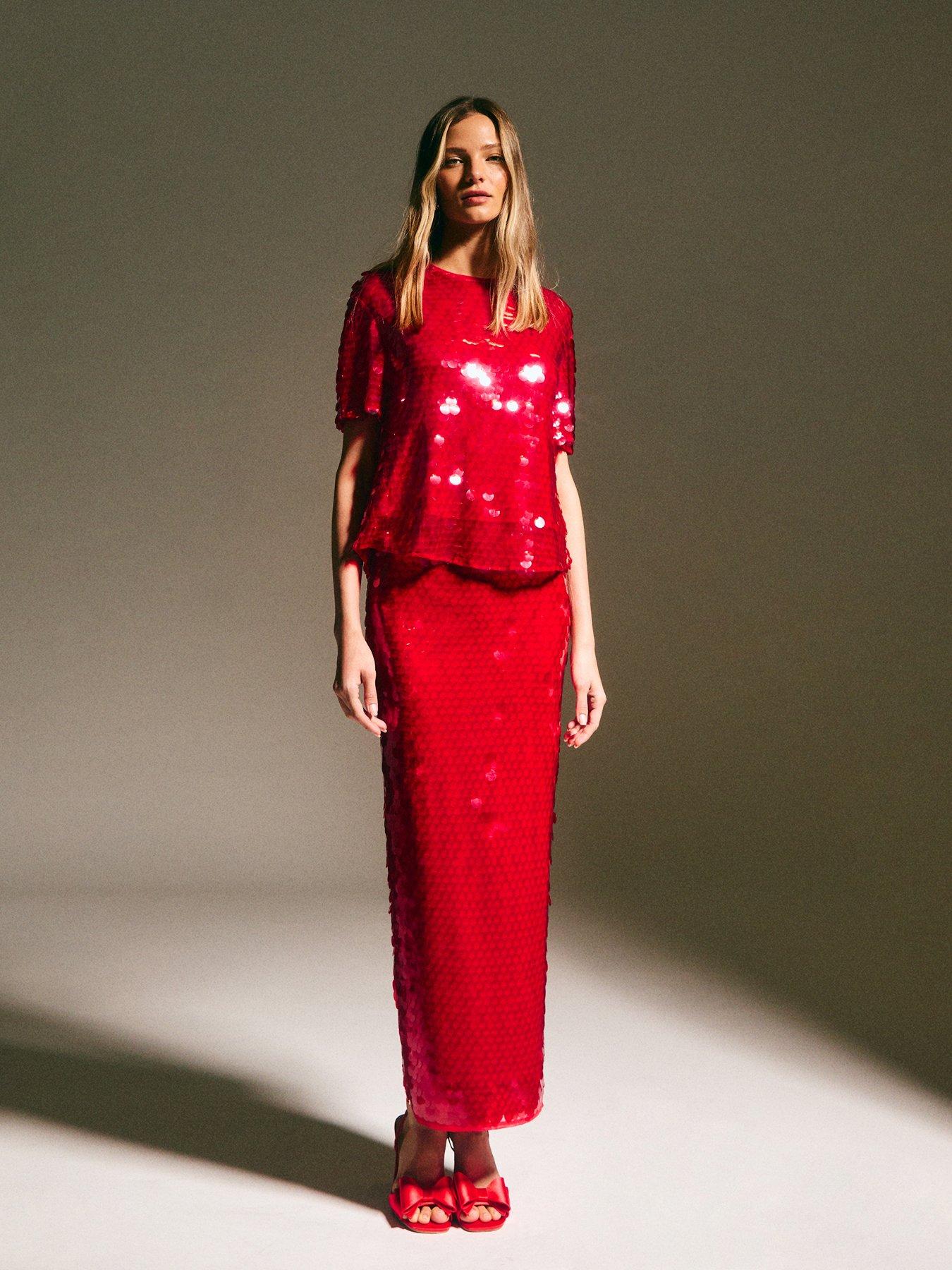  image of new-look-bright-red-sequinned-short-sleeve-top