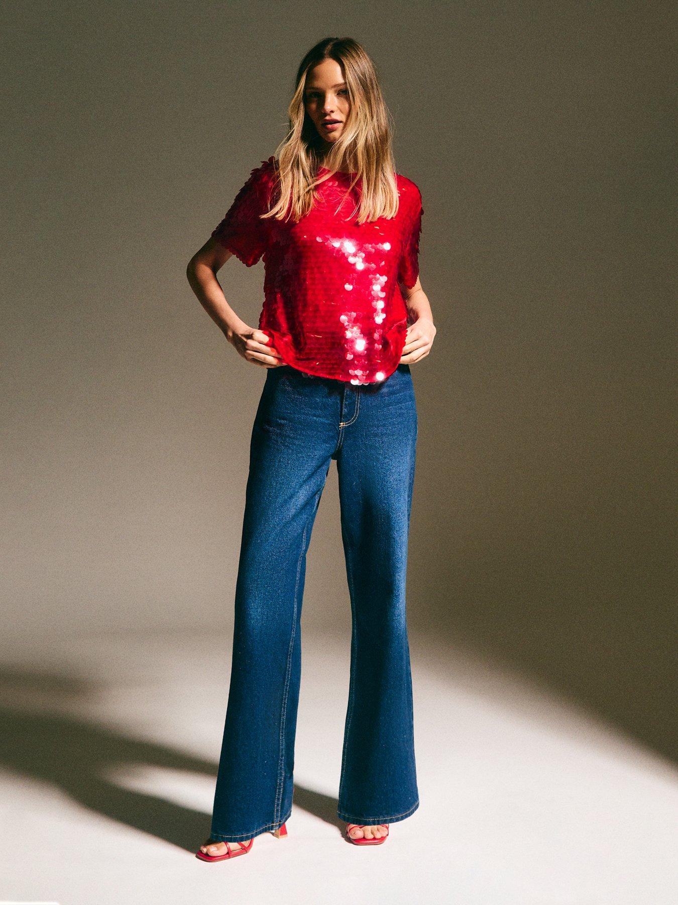 image of new-look-bright-red-sequinned-short-sleeve-top