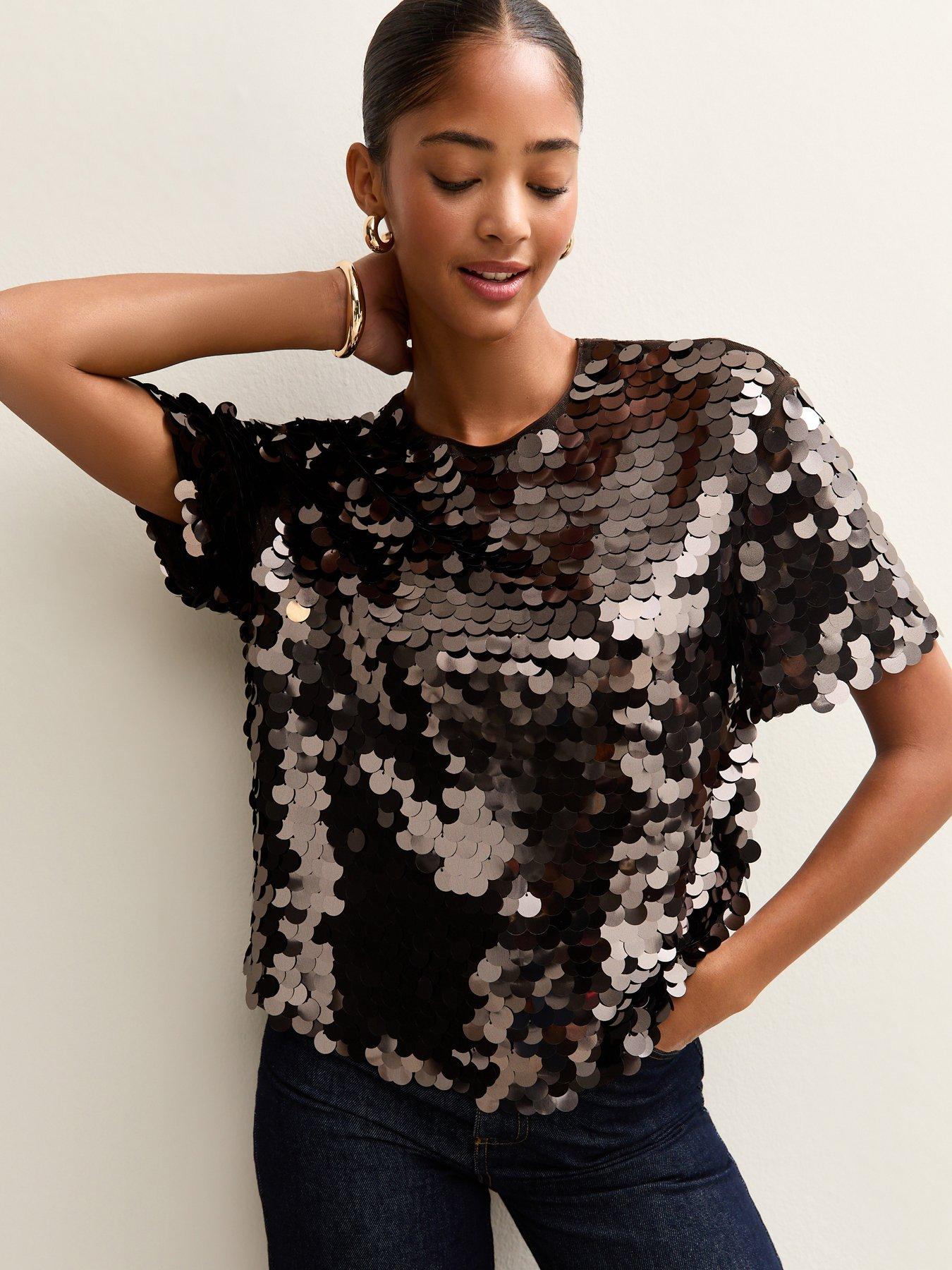 New Look Large Sequin T-Shirt - Brown