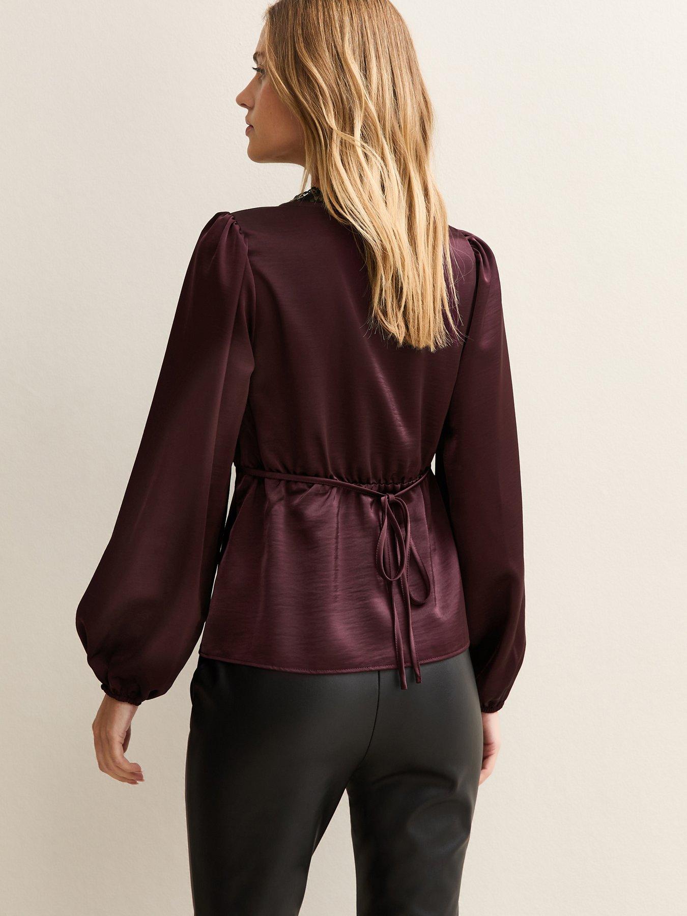 Image 2 of 6 of New Look Satin Lace Trim Blouse - Burgundy