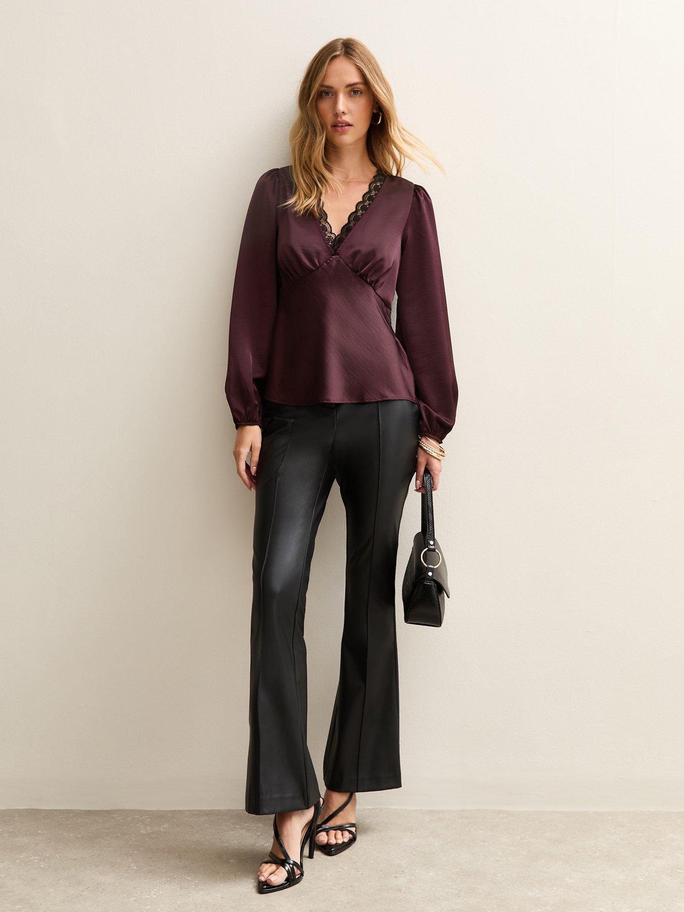 Image 3 of 6 of New Look Satin Lace Trim Blouse - Burgundy