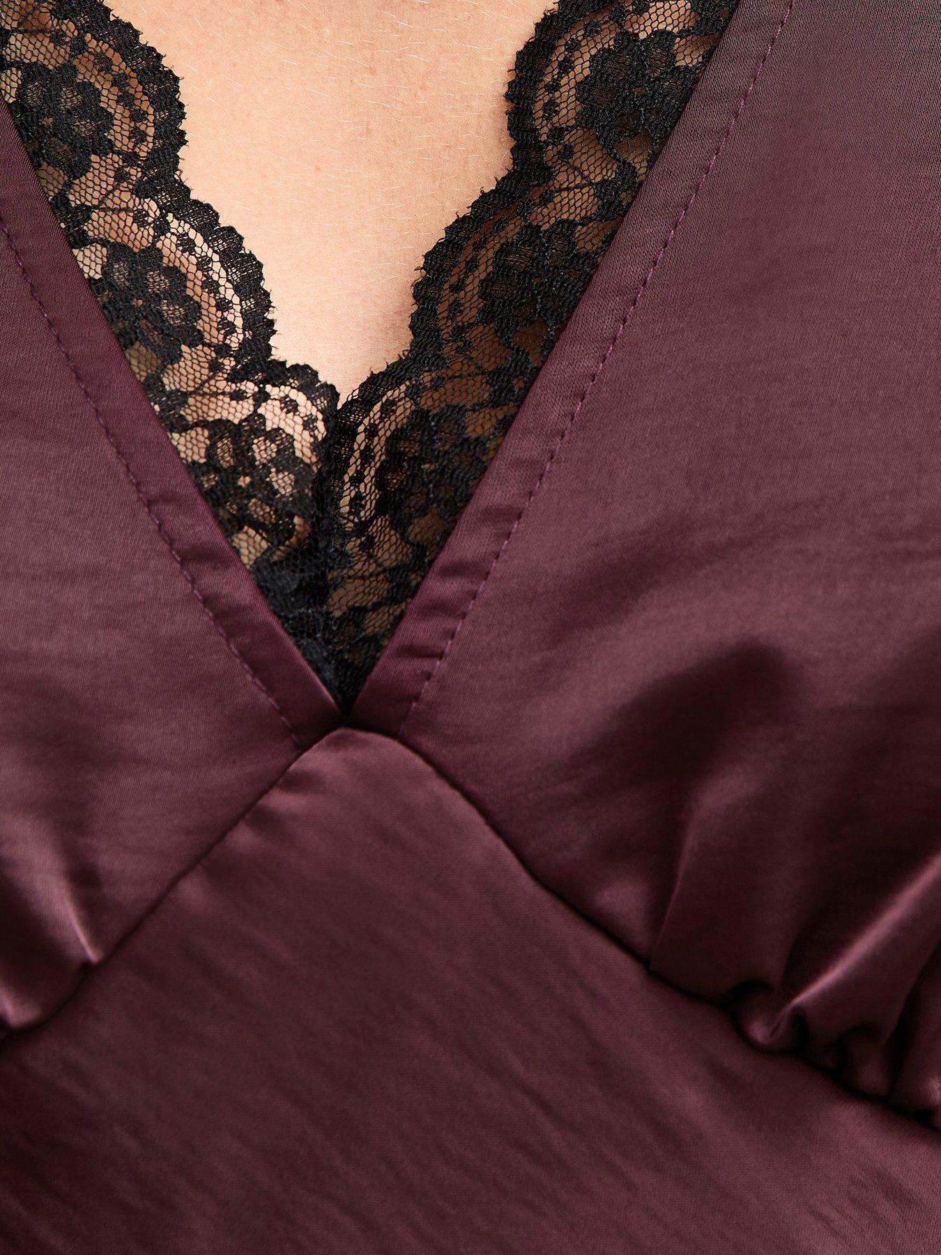 Image 5 of 6 of New Look Satin Lace Trim Blouse - Burgundy