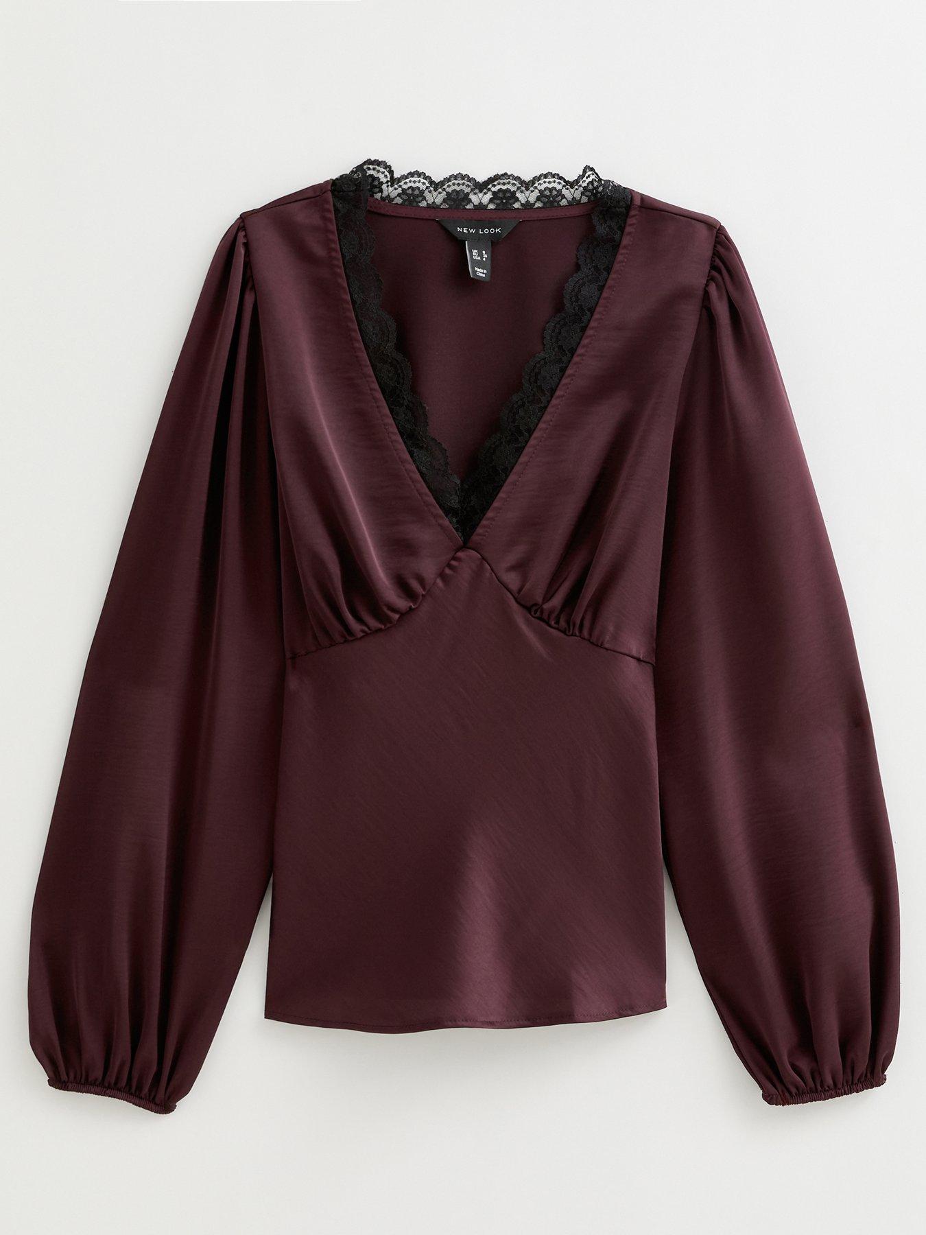 Image 6 of 6 of New Look Satin Lace Trim Blouse - Burgundy