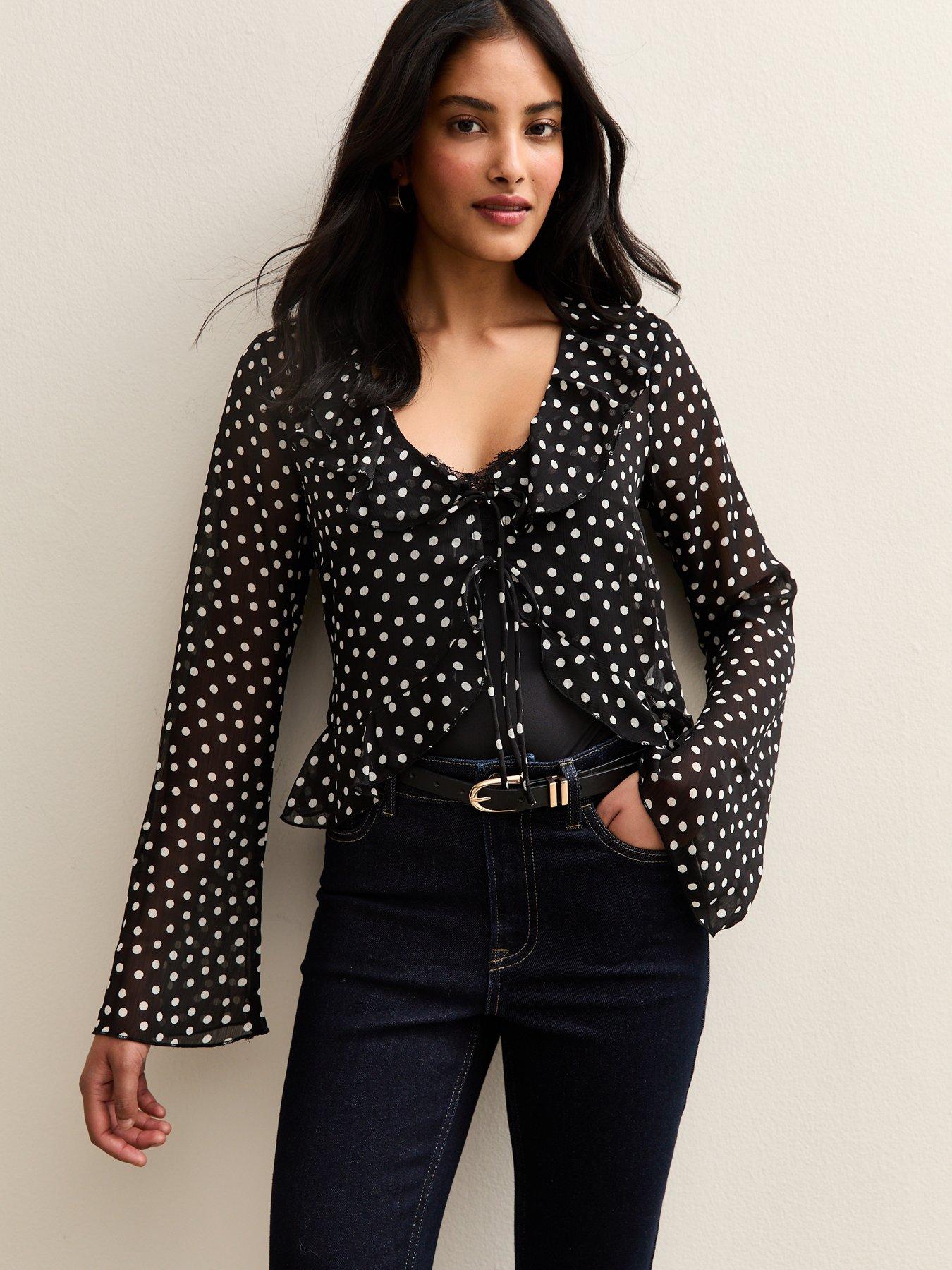 New Look Black Polka Dot Chiffon Tie Front Blouse