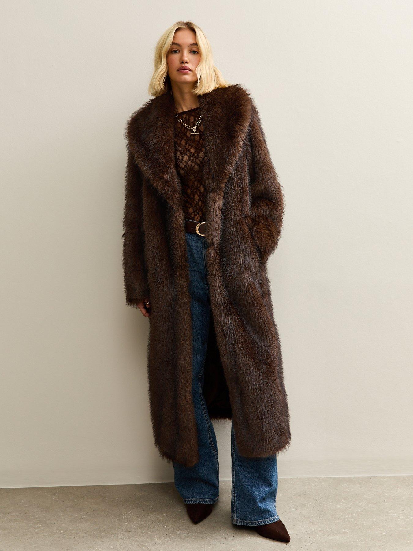 Image 1 of 6 of New Look Dark Brown Faux Fur Longline Coat