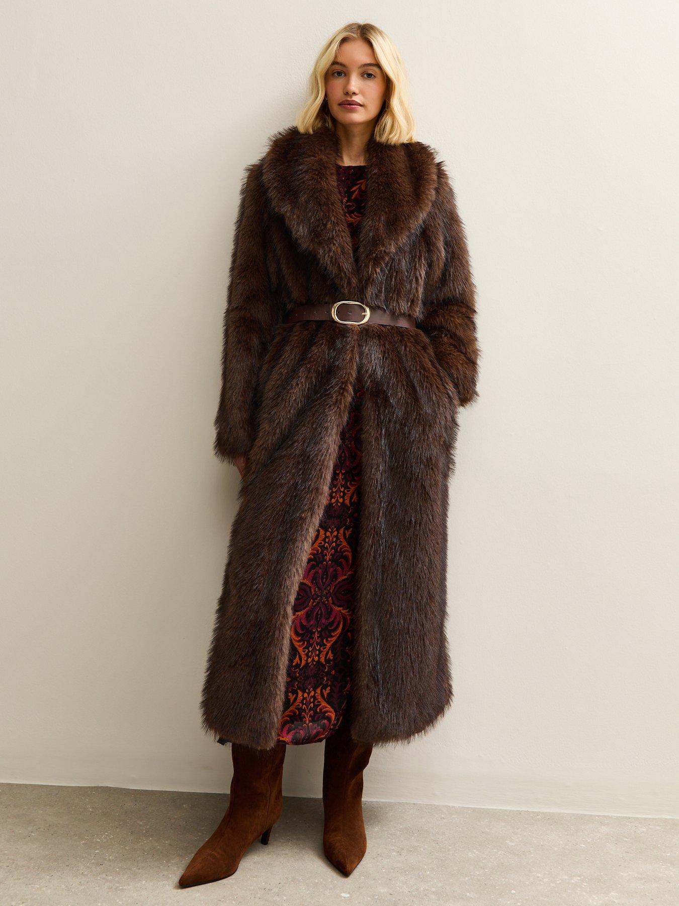 Image 3 of 6 of New Look Dark Brown Faux Fur Longline Coat