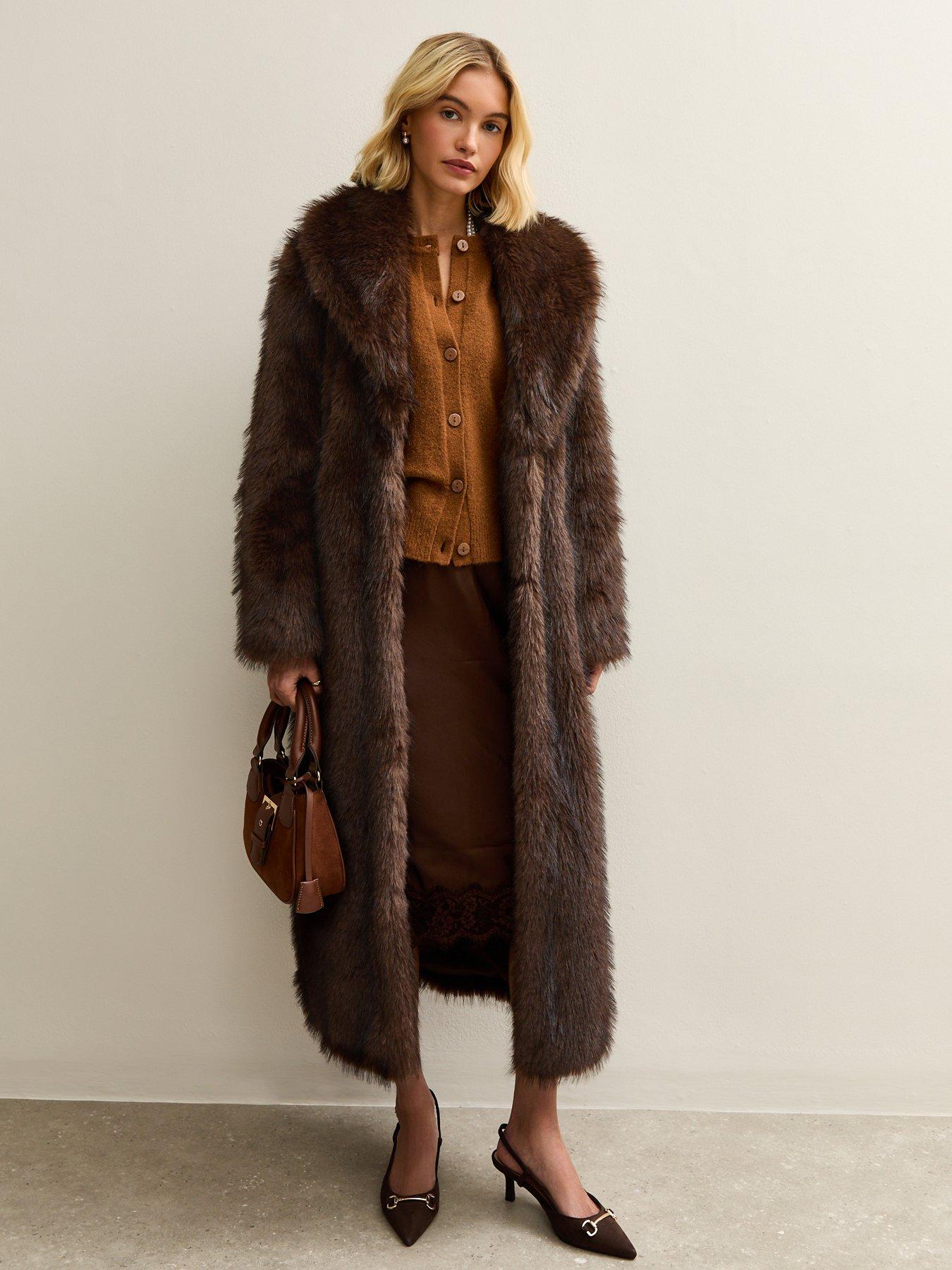 Image 4 of 6 of New Look Dark Brown Faux Fur Longline Coat