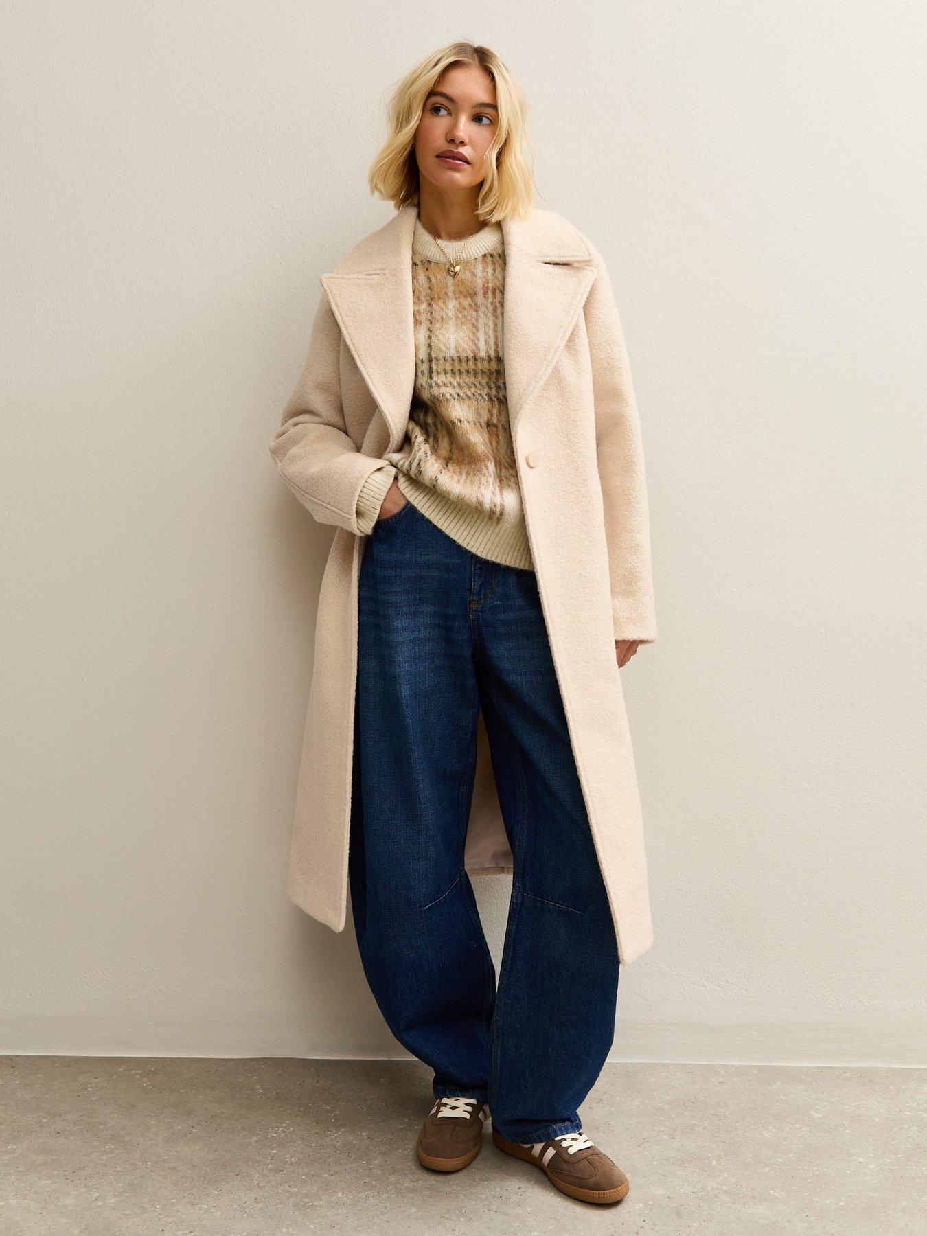 Image 1 of 6 of New Look Cream Textured Single Breasted Coat