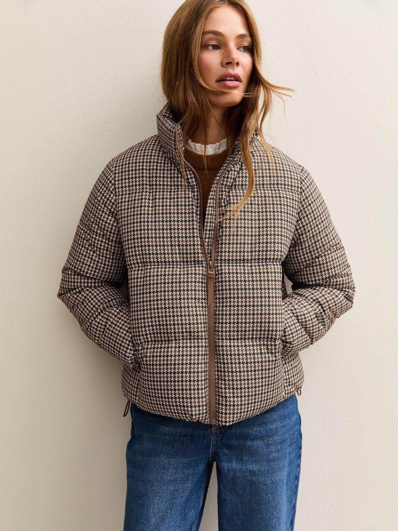 New Look Brown Houndstooth Check Pattern Cropped Puffer Jacket