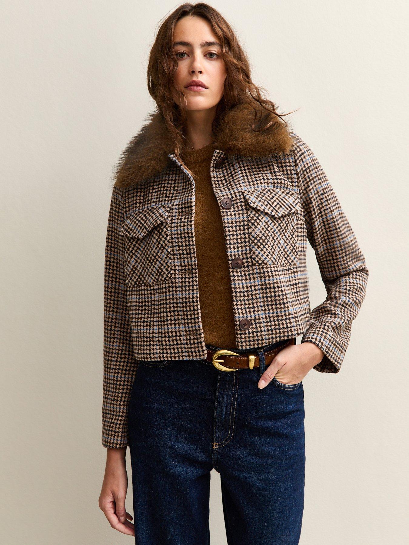 New Look Check Faux Fur Collar Flap Pocket Boxy Jacket - Brown