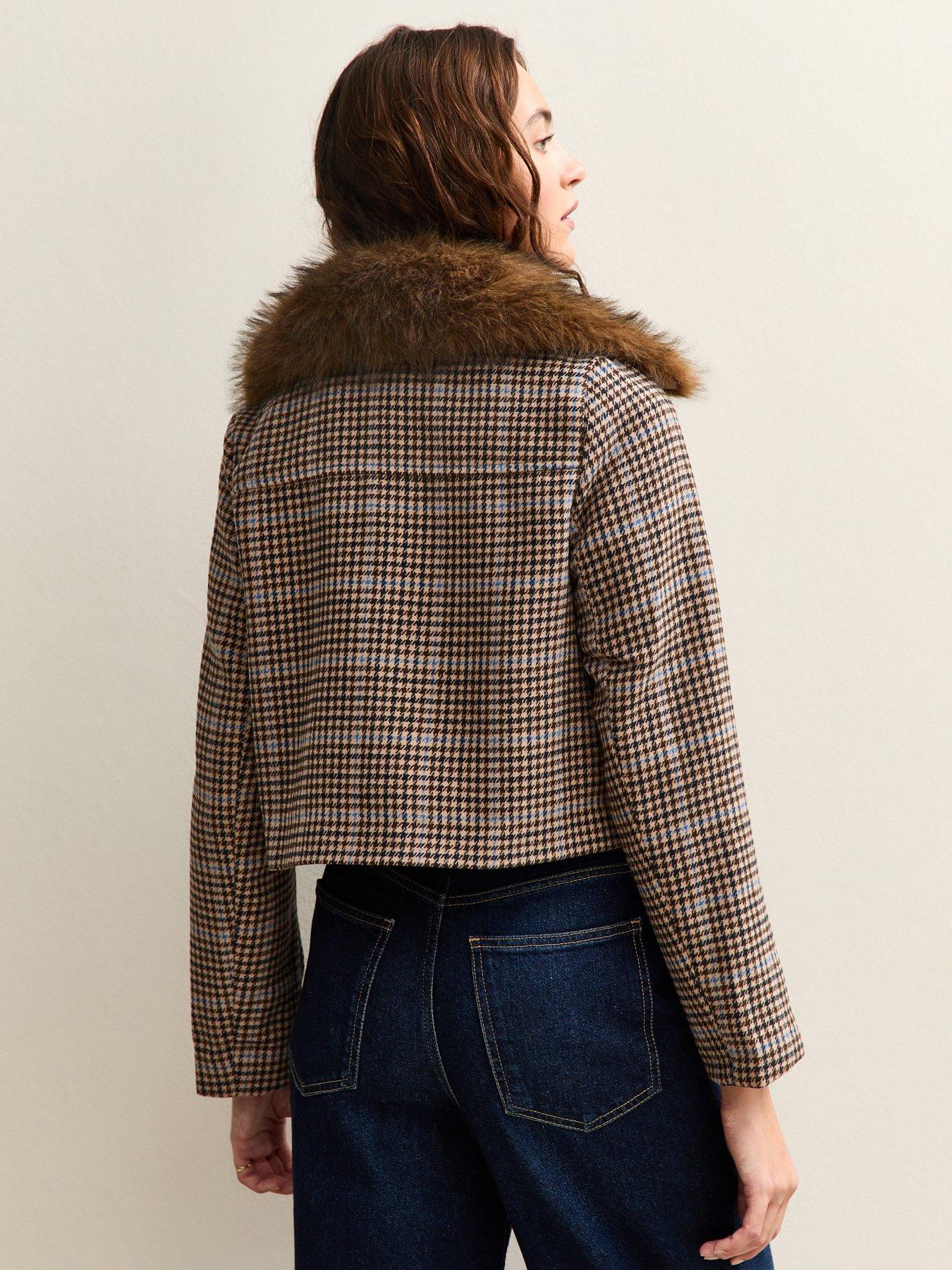  image of new-look-check-faux-fur-collar-flap-pocket-boxy-jacket-brown