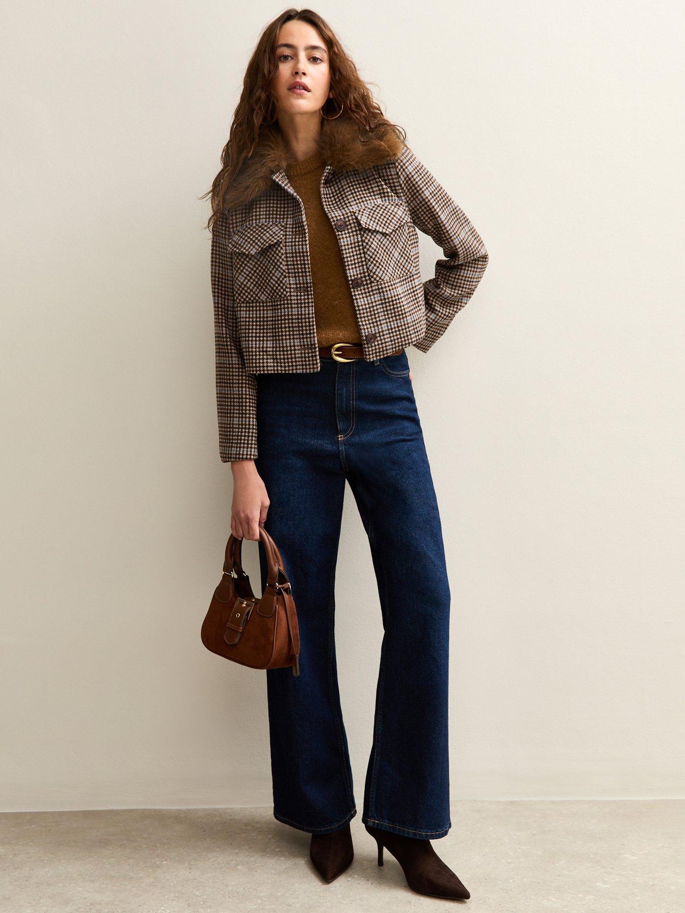  image of new-look-check-faux-fur-collar-flap-pocket-boxy-jacket-brown