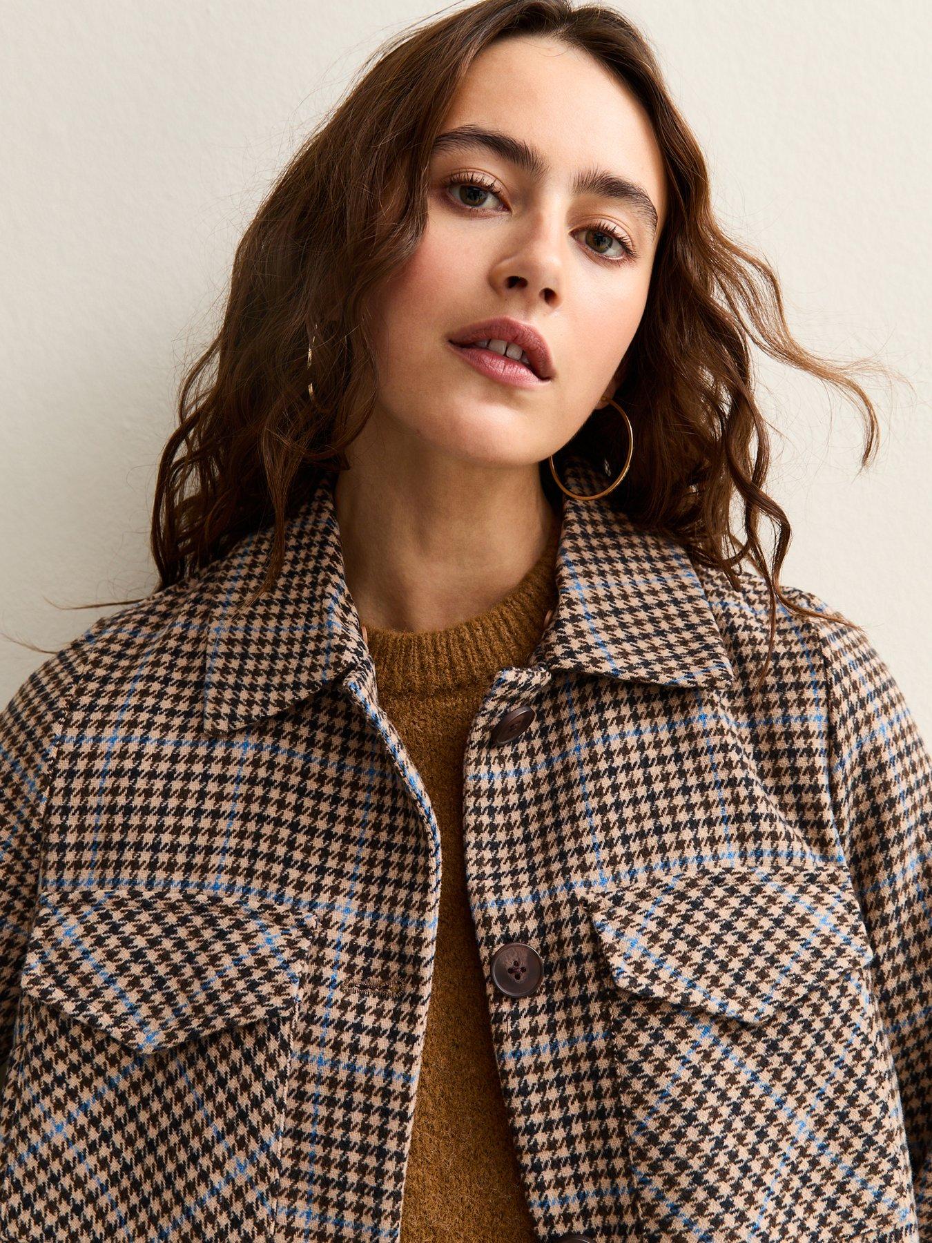  image of new-look-check-faux-fur-collar-flap-pocket-boxy-jacket-brown