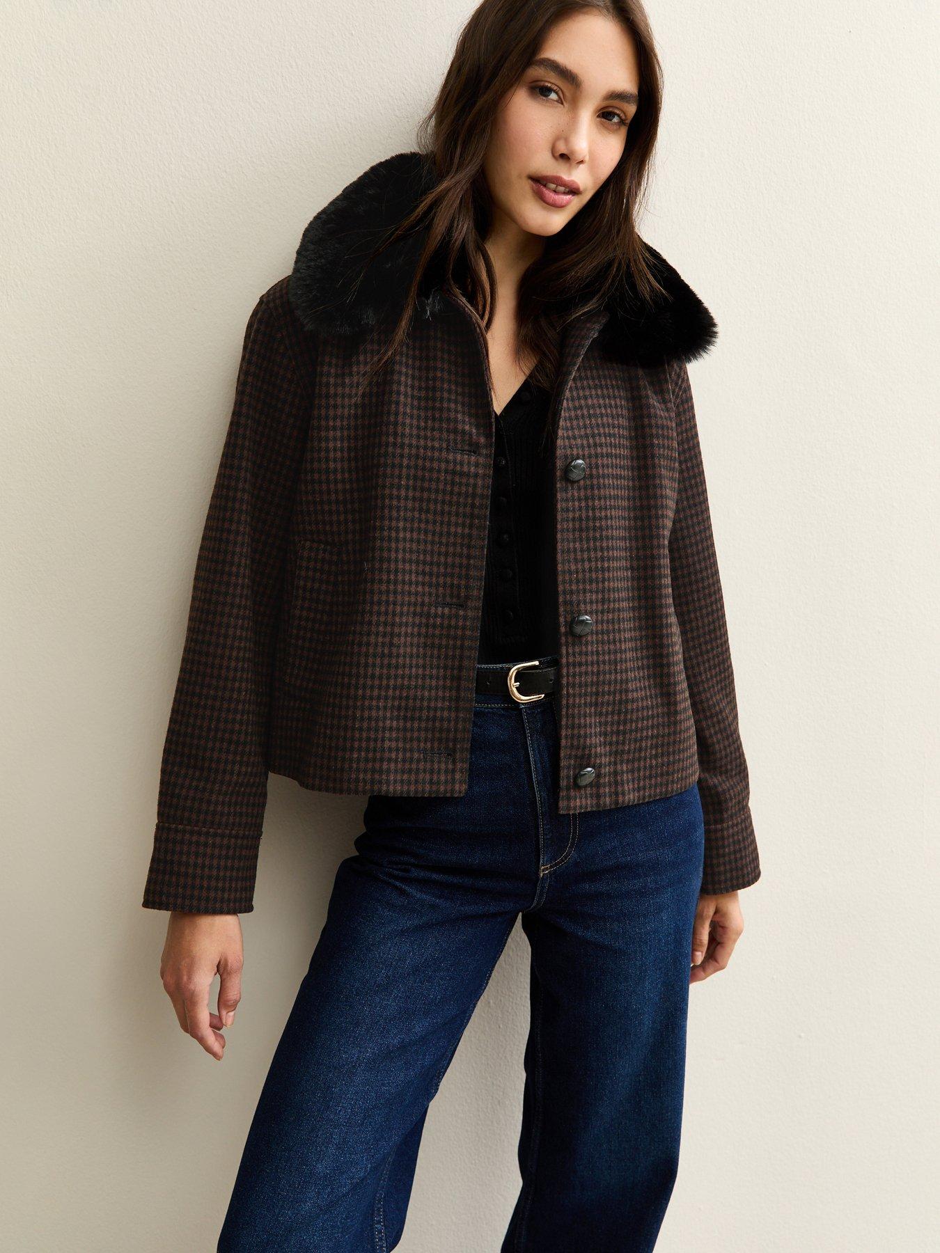 New Look Brown Faux Fur Collar Check Jacket