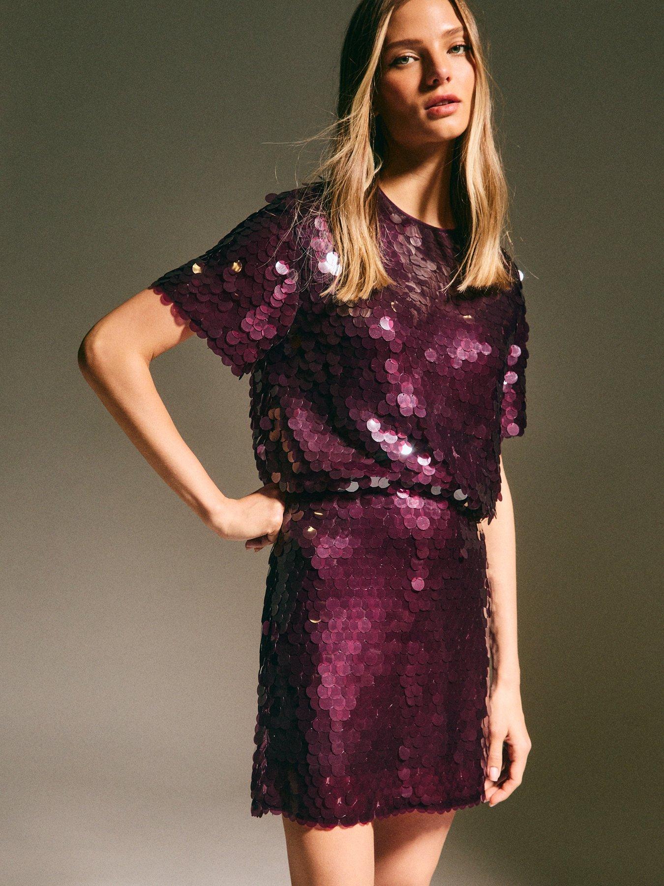 Image 1 of 6 of New Look Dark Burgundy Sequin Mini Skirt