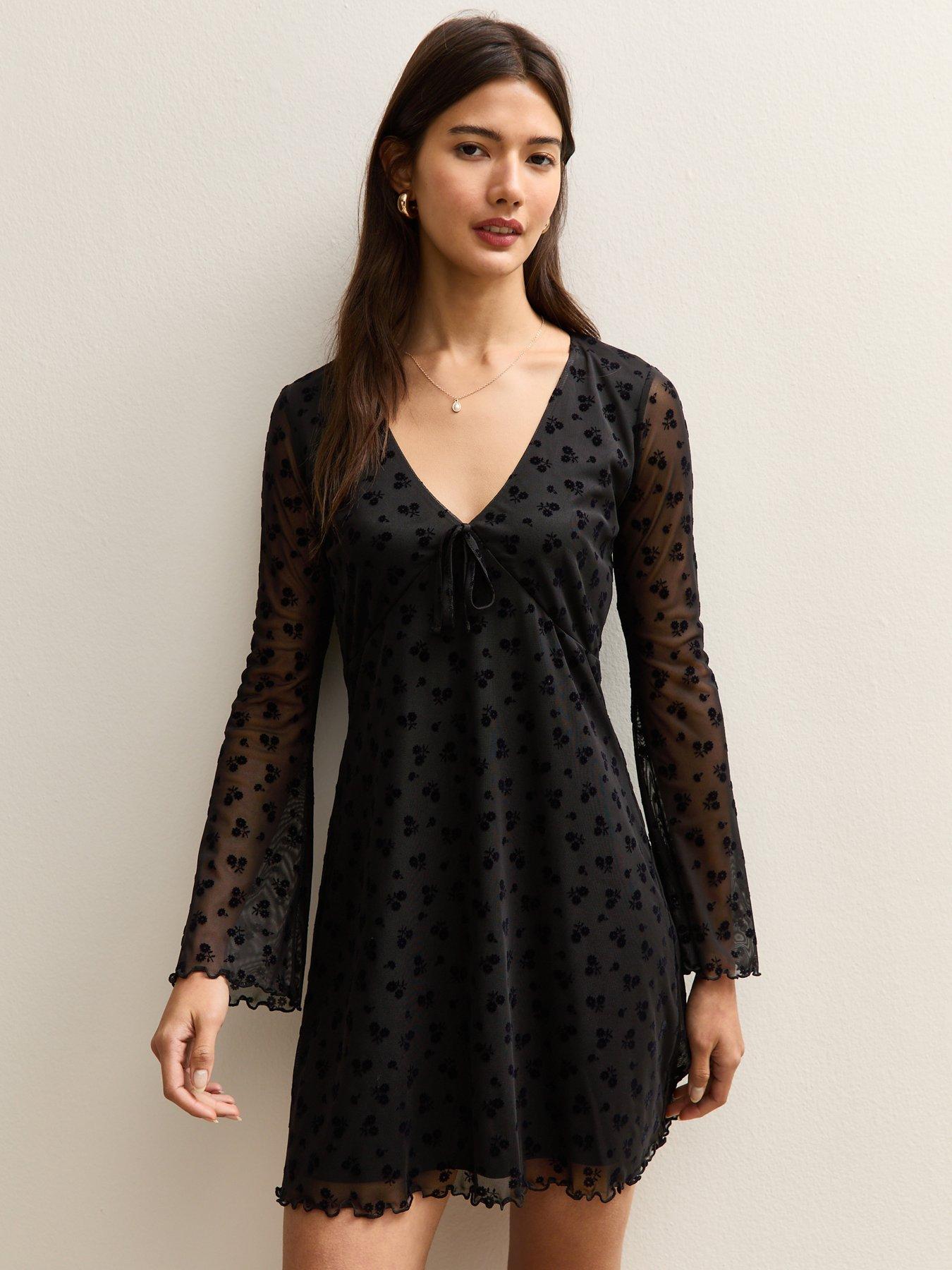  image of new-look-flocked-mesh-flared-sleeve-mini-dress-black