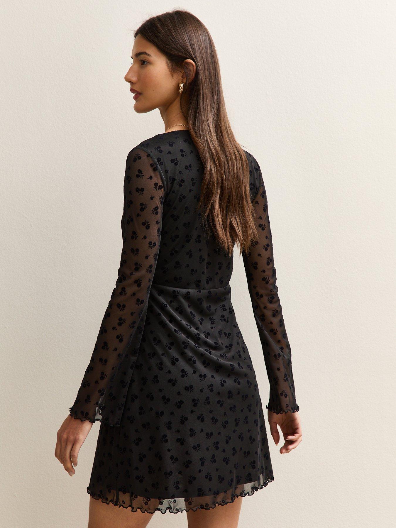  image of new-look-flocked-mesh-flared-sleeve-mini-dress-black