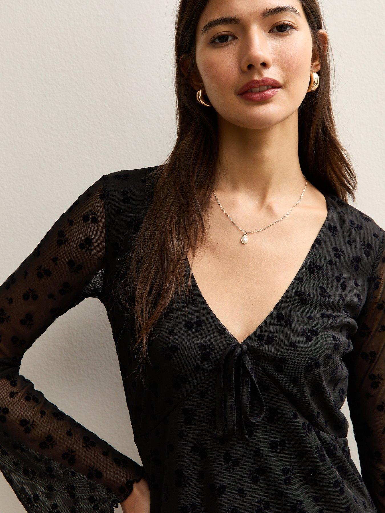  image of new-look-flocked-mesh-flared-sleeve-mini-dress-black