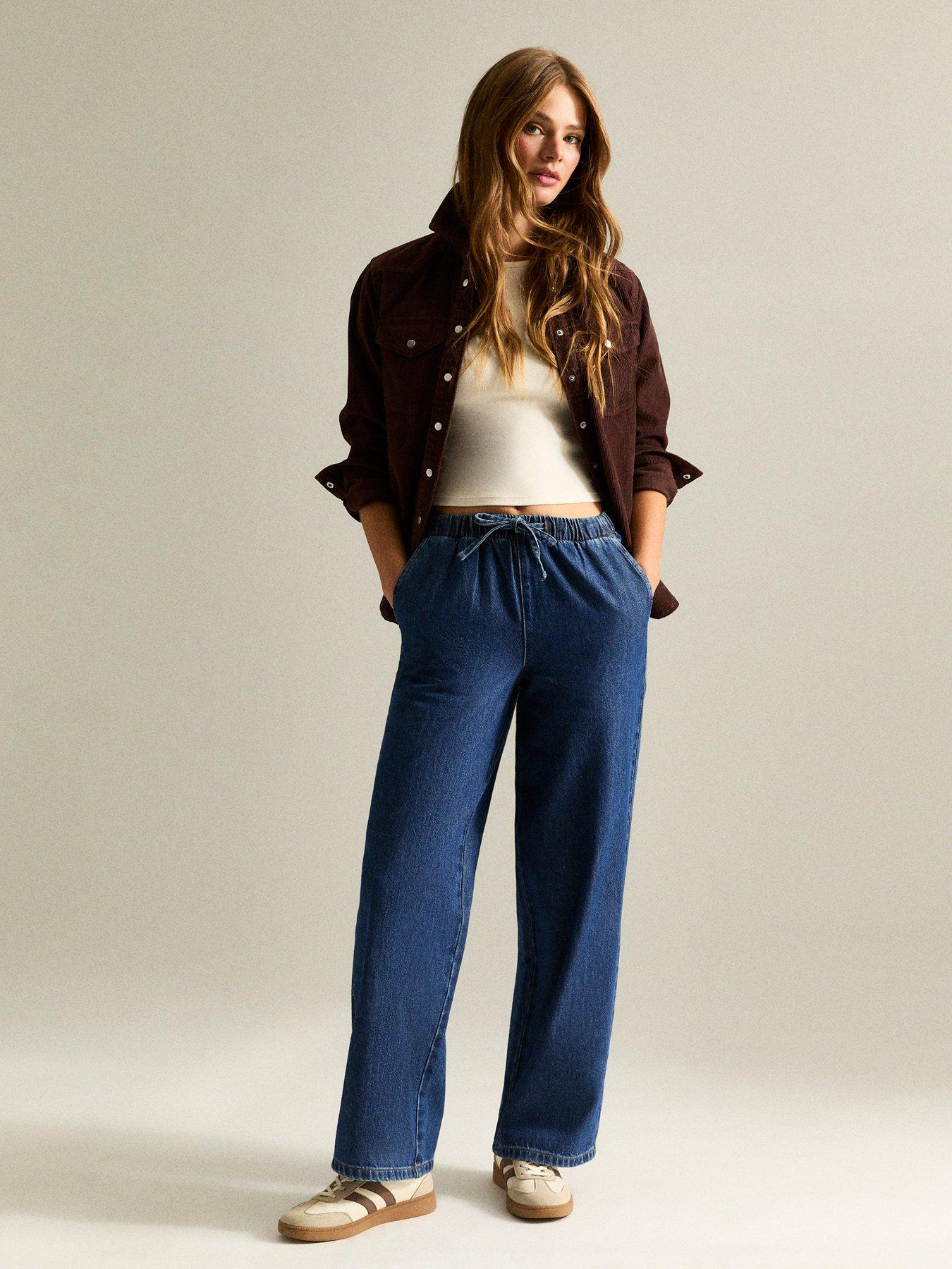 Image 3 of 6 of New Look Blue Denim Wide Leg Drawstring Waist Jeans