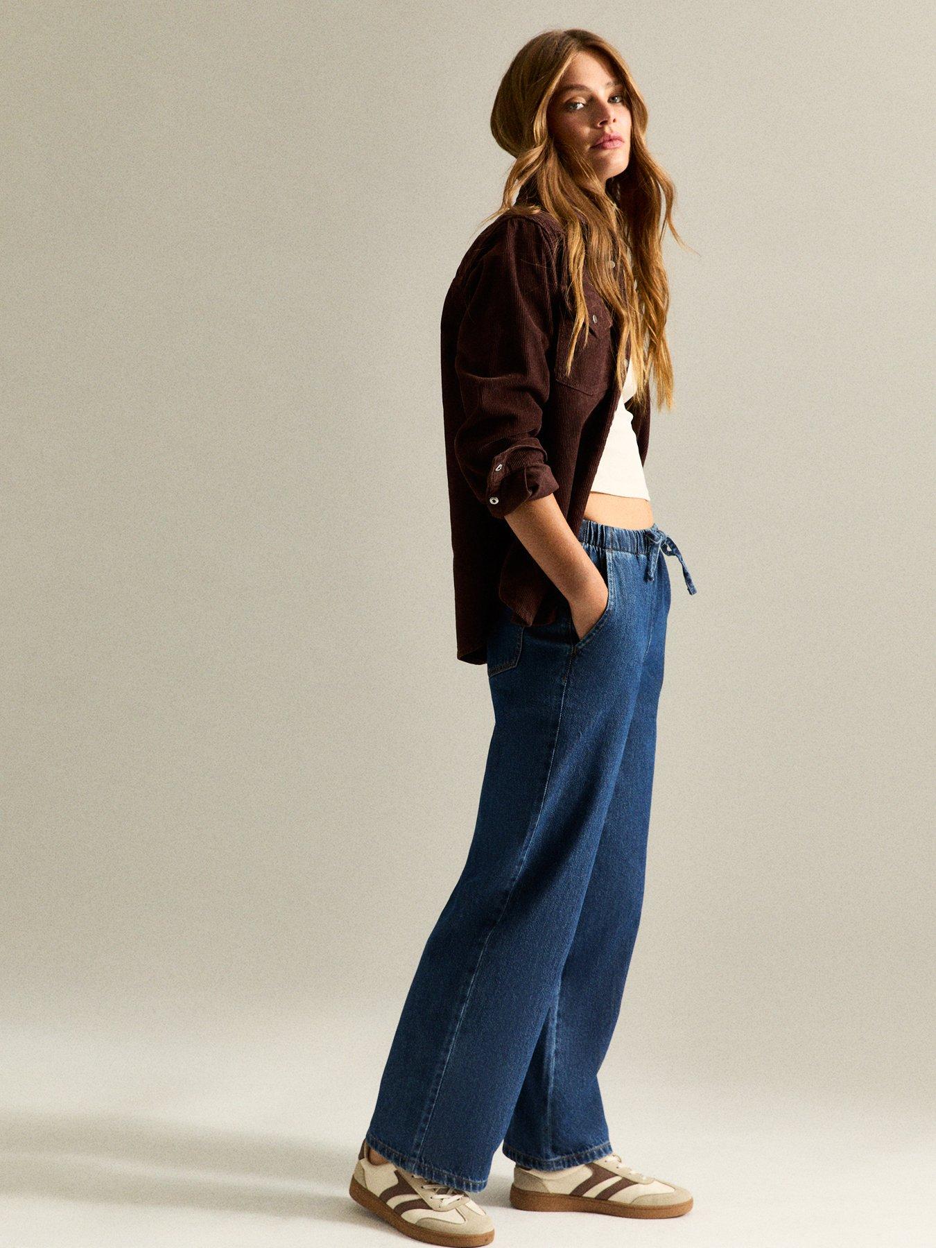 Image 4 of 6 of New Look Blue Denim Wide Leg Drawstring Waist Jeans