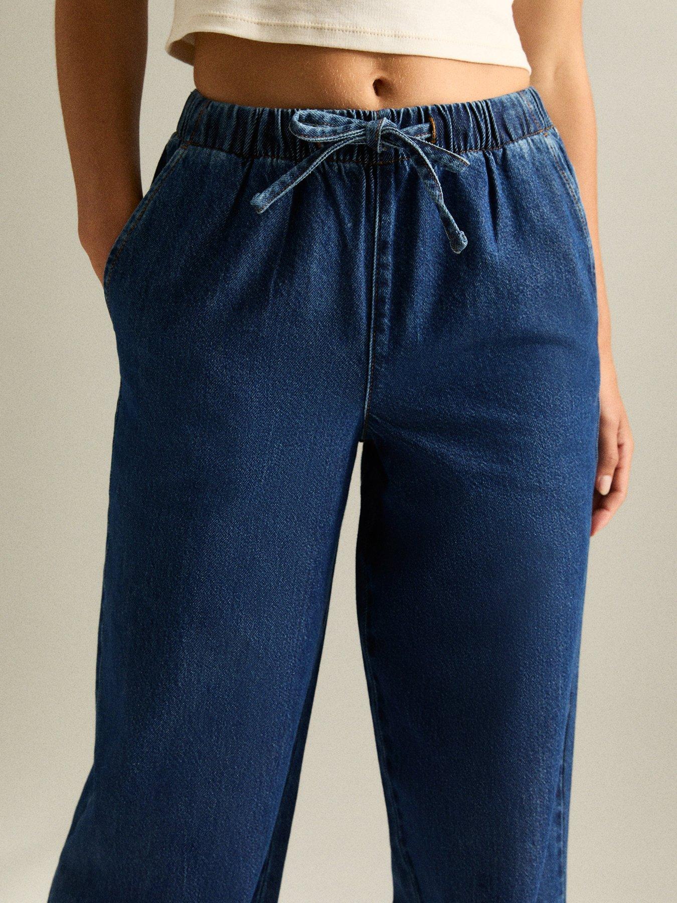 Image 5 of 6 of New Look Blue Denim Wide Leg Drawstring Waist Jeans