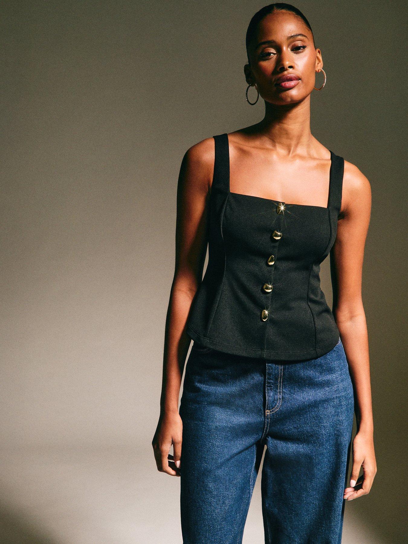 New Look Square Neck Button Up Top - Black