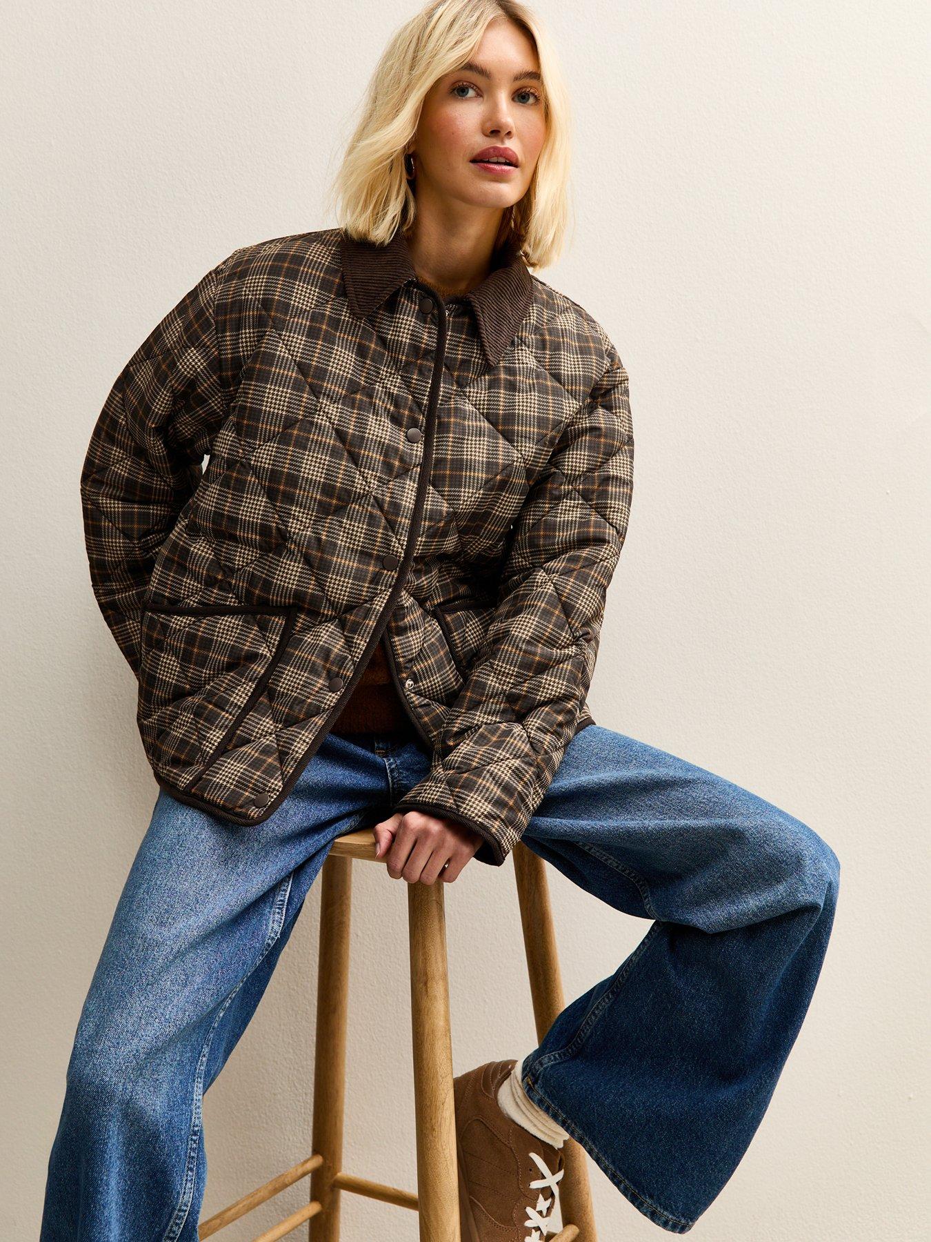  image of new-look-checked-contrast-trim-quilted-barn-jacket-brown